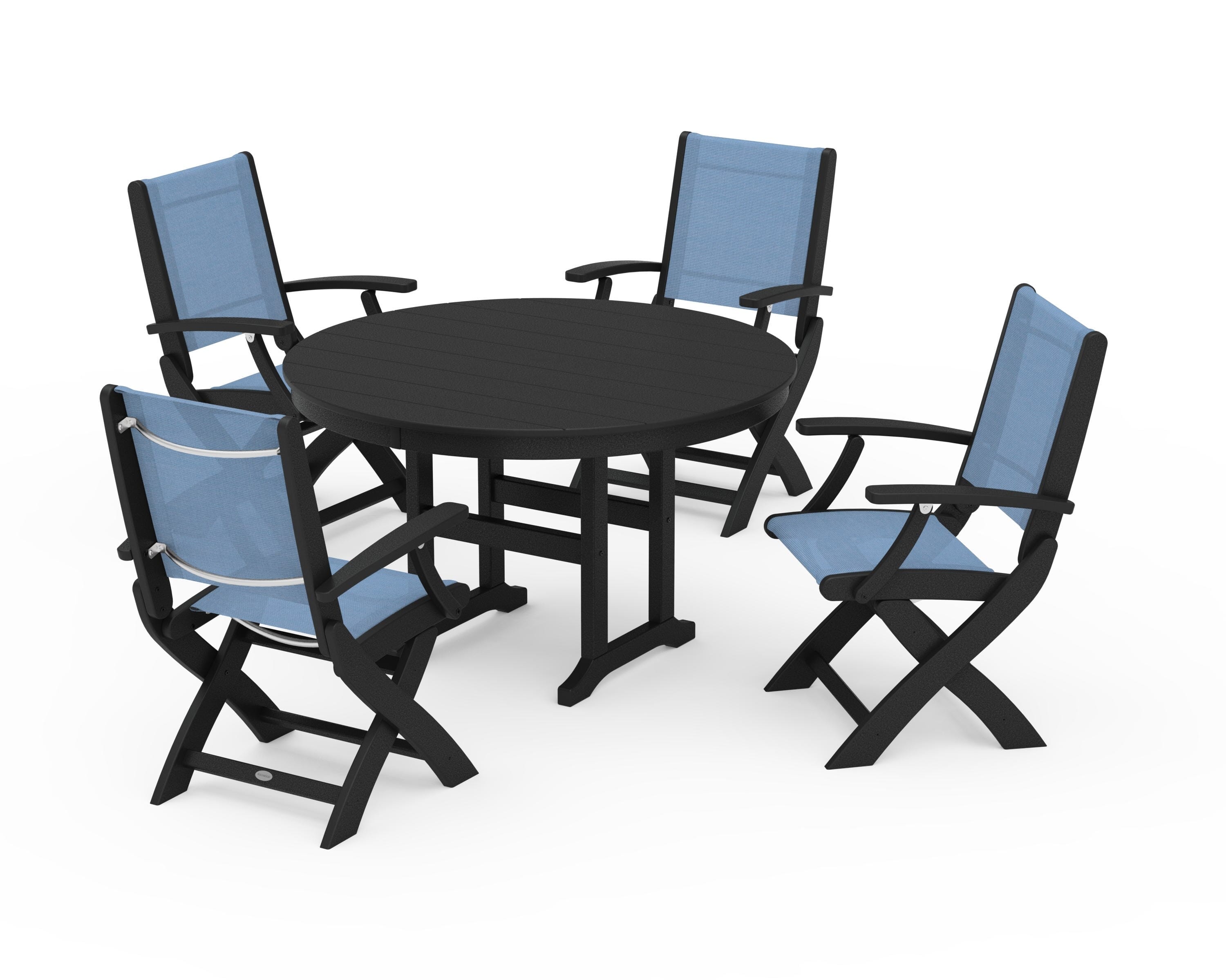 POLYWOOD Coastal Folding Chair 5-Piece Round Dining Set in Black / Poolside Sling
