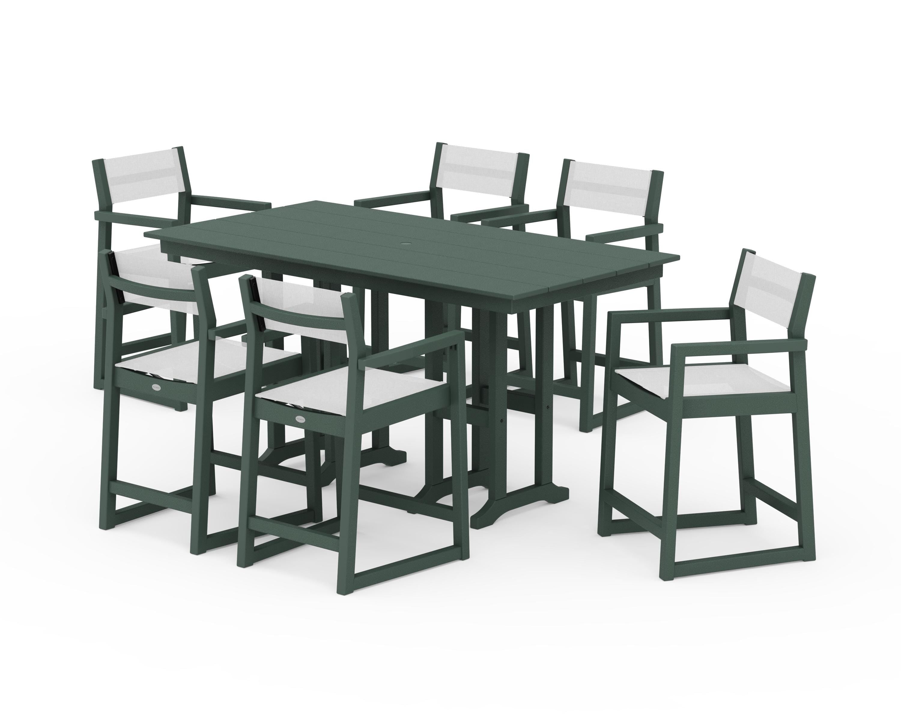 POLYWOOD EDGE Sling Arm Chair 7-Piece Farmhouse Counter Set in Green / White Sling