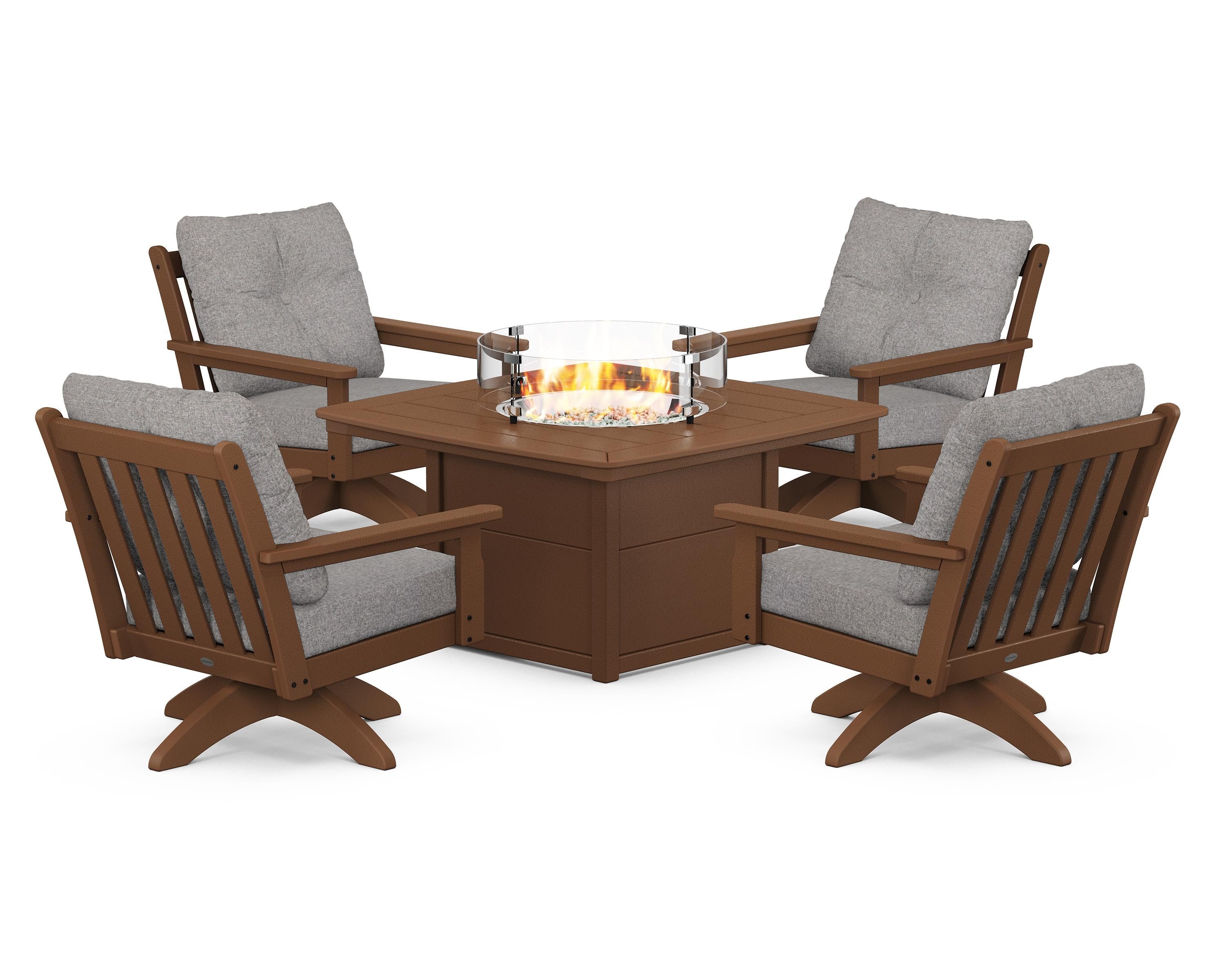 POLYWOOD Vineyard 5-Piece Deep Seating Swivel Conversation Set with Fire Pit Table in Teak / Grey Mist