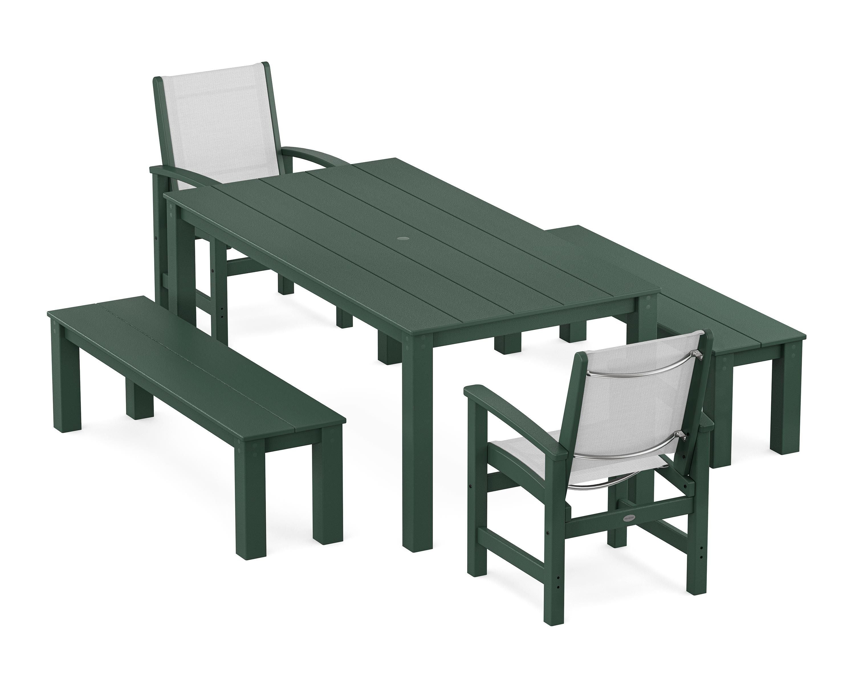 POLYWOOD Coastal 5-Piece Parsons Dining Set with Benches in Green / White Sling