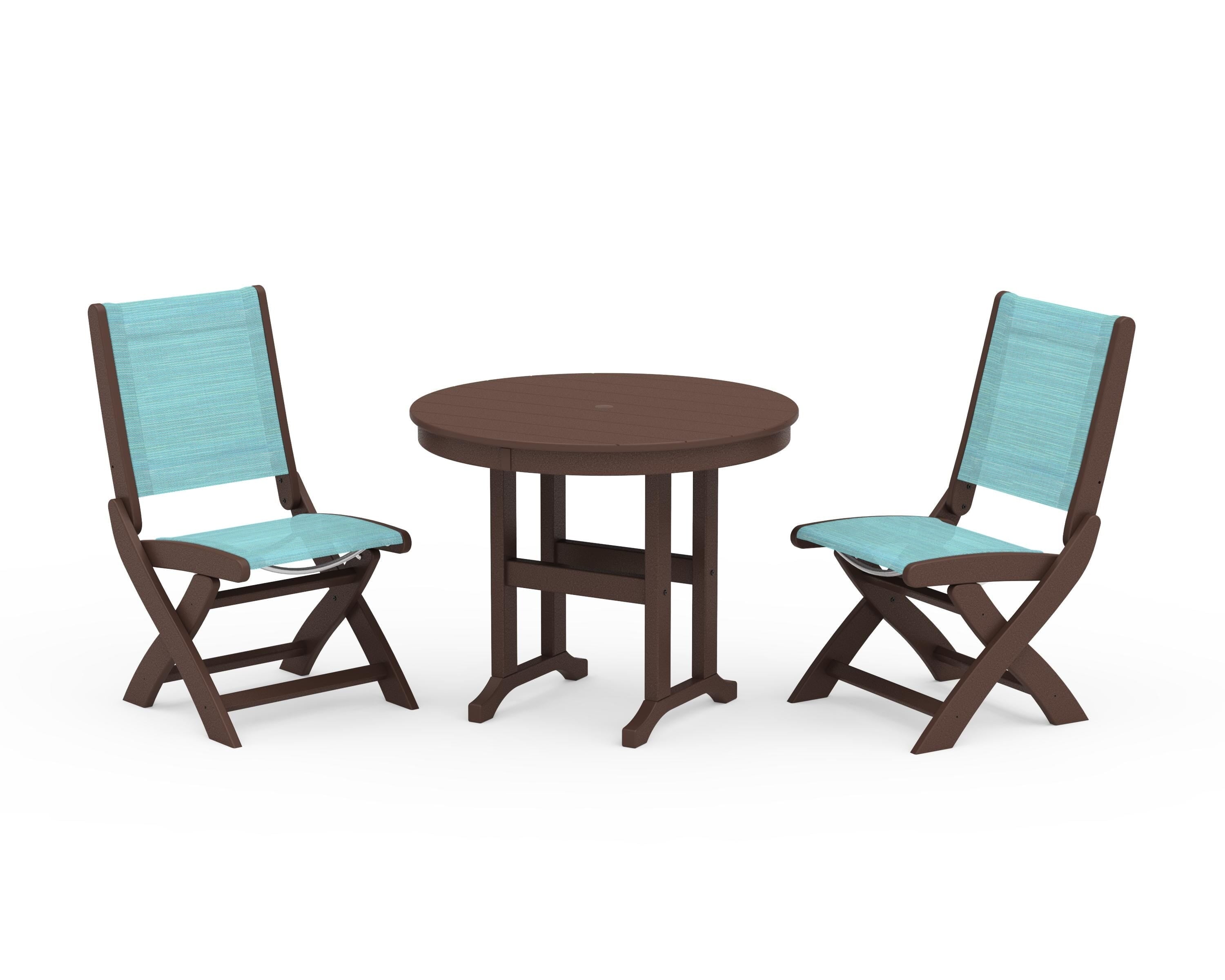 POLYWOOD Coastal Folding Side Chair 3-Piece Round Dining Set in Mahogany / Dupioni Aquamarine Sling