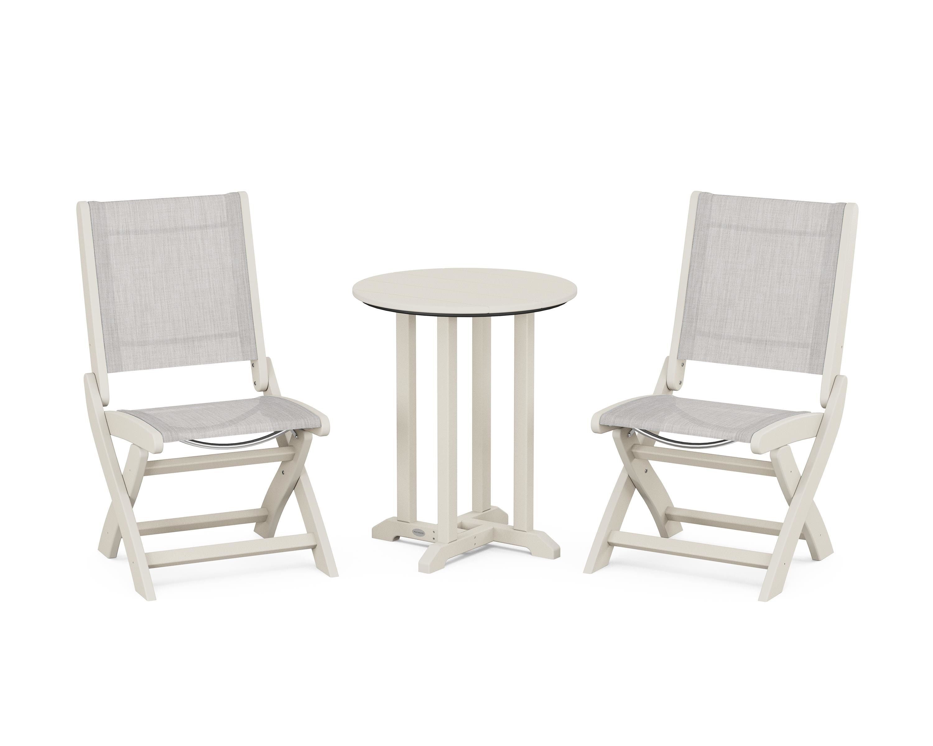 POLYWOOD Coastal Folding Side Chair 3-Piece Round Bistro Dining Set in Sand / Parchment Sling
