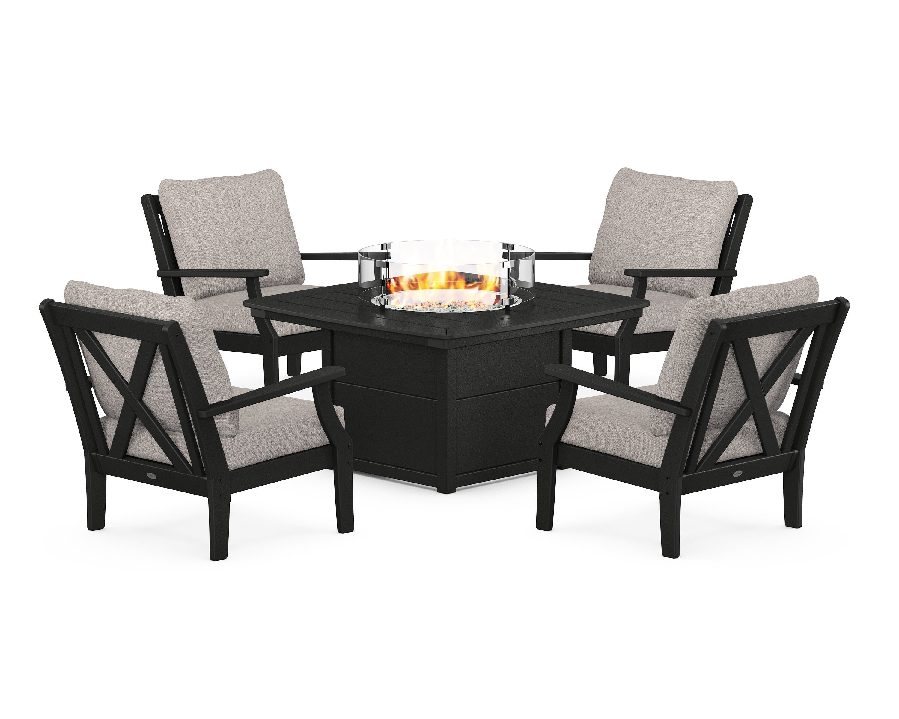 POLYWOOD Braxton 5-Piece Deep Seating Conversation Set with Fire Pit Table in Black / Weathered Tweed