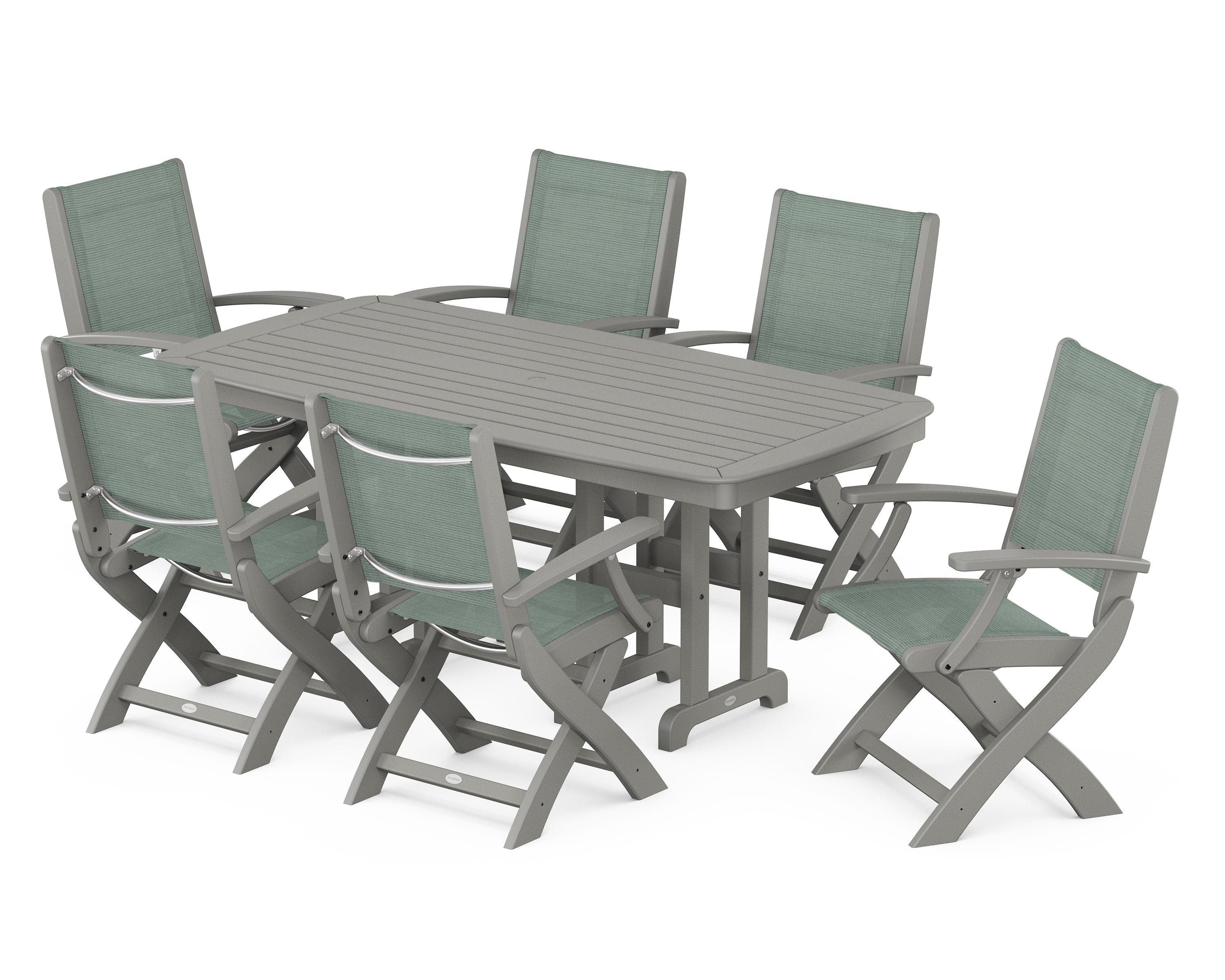 POLYWOOD Coastal Folding Arm Chair 7-Piece Dining Set in Slate Grey / Dupioni Sea Mist Sling