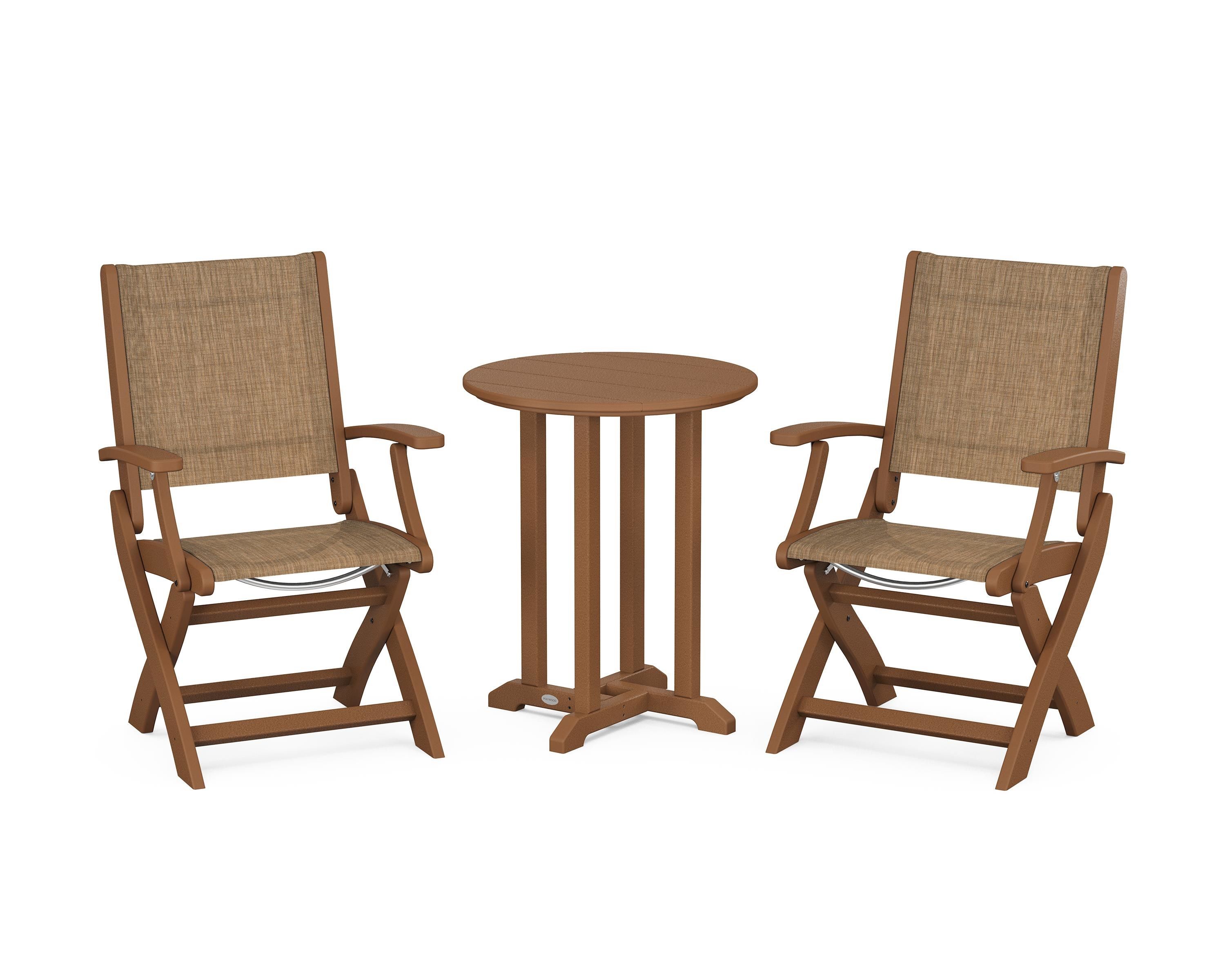 POLYWOOD Coastal Folding 3-Piece Round Bistro Dining Set in Teak / Burlap Sling