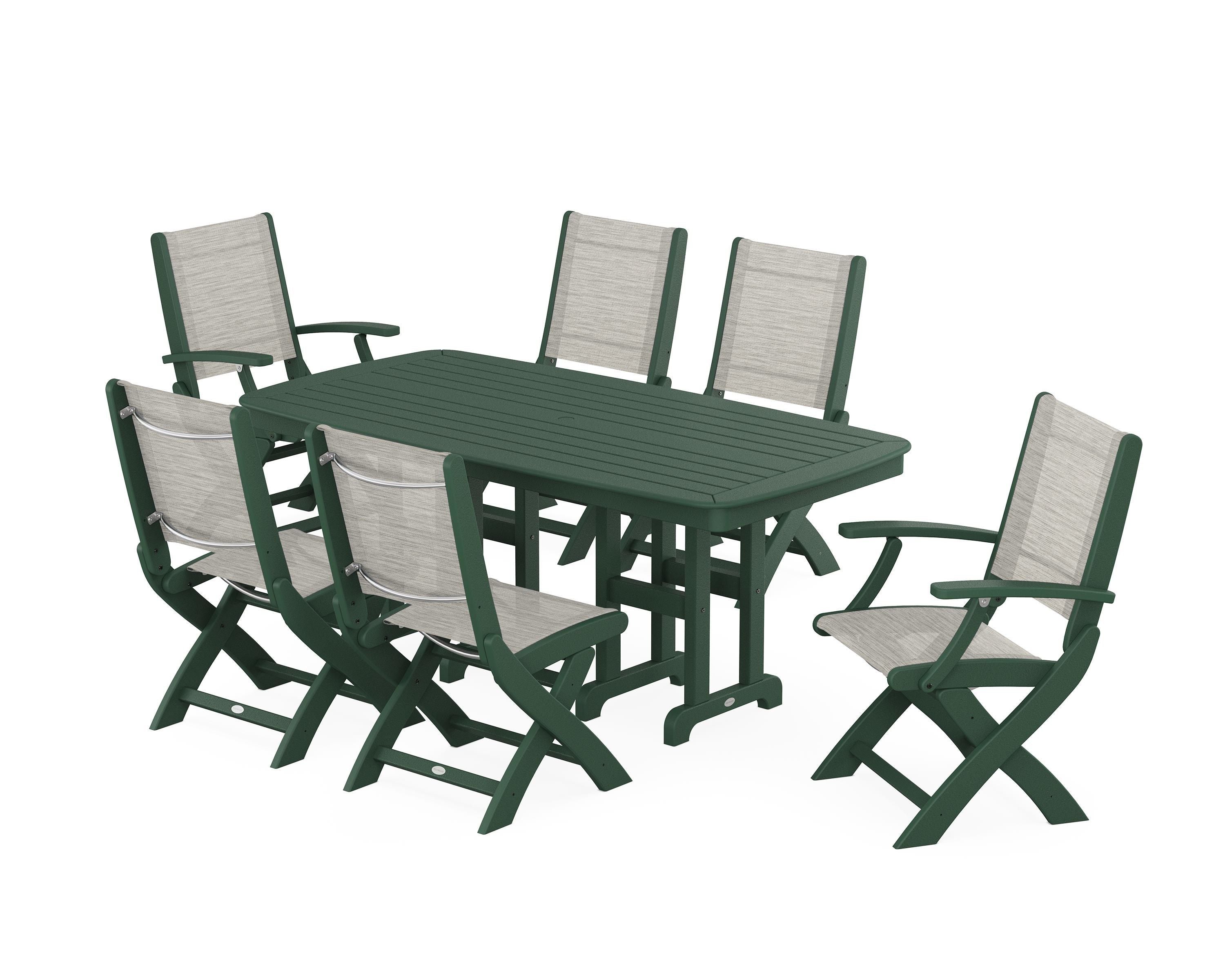 POLYWOOD Coastal Folding Chair 7-Piece Dining Set in Green / Birch Sling