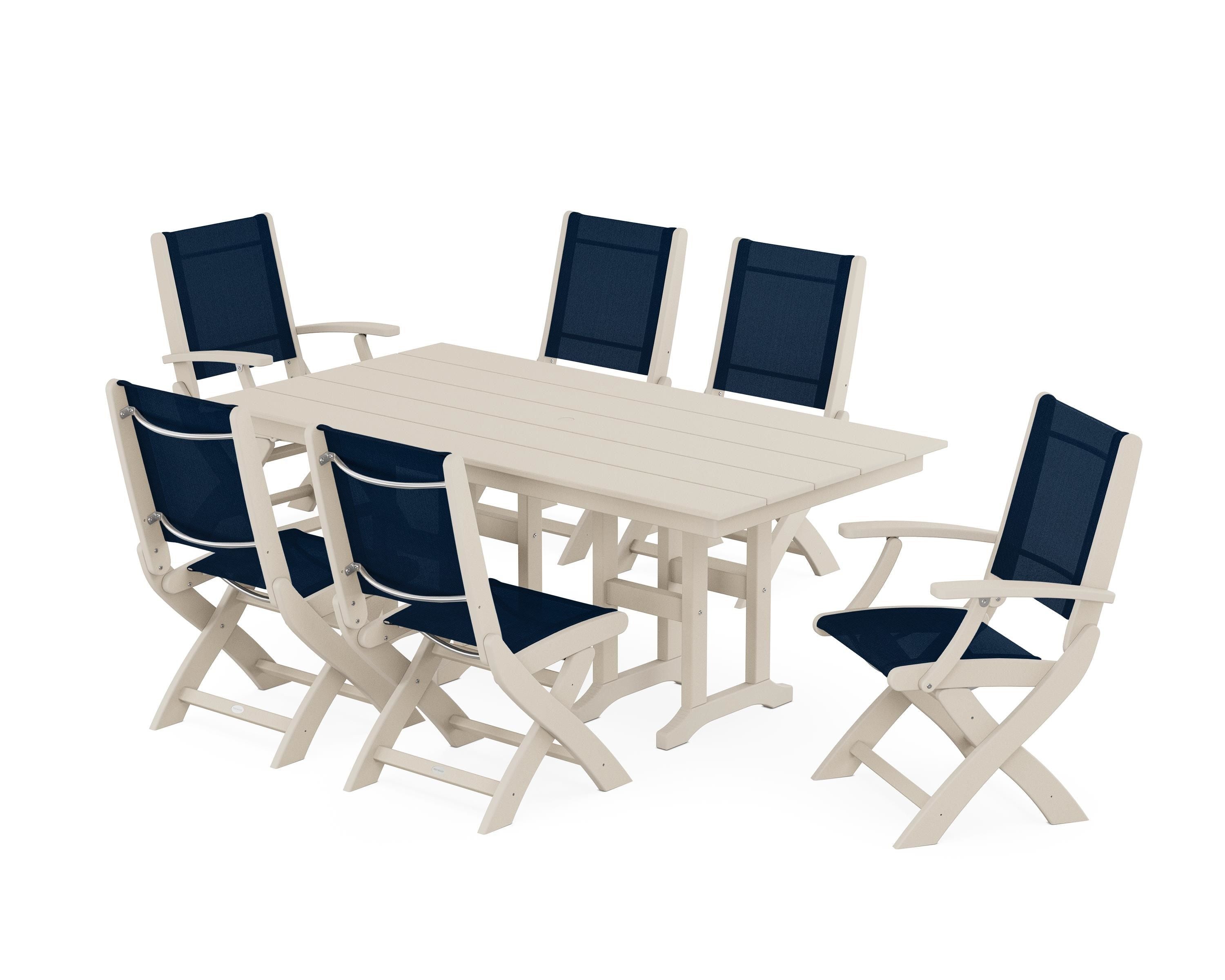 POLYWOOD Coastal Folding Chair 7-Piece Farmhouse Dining Set in Sand / Navy Blue Sling