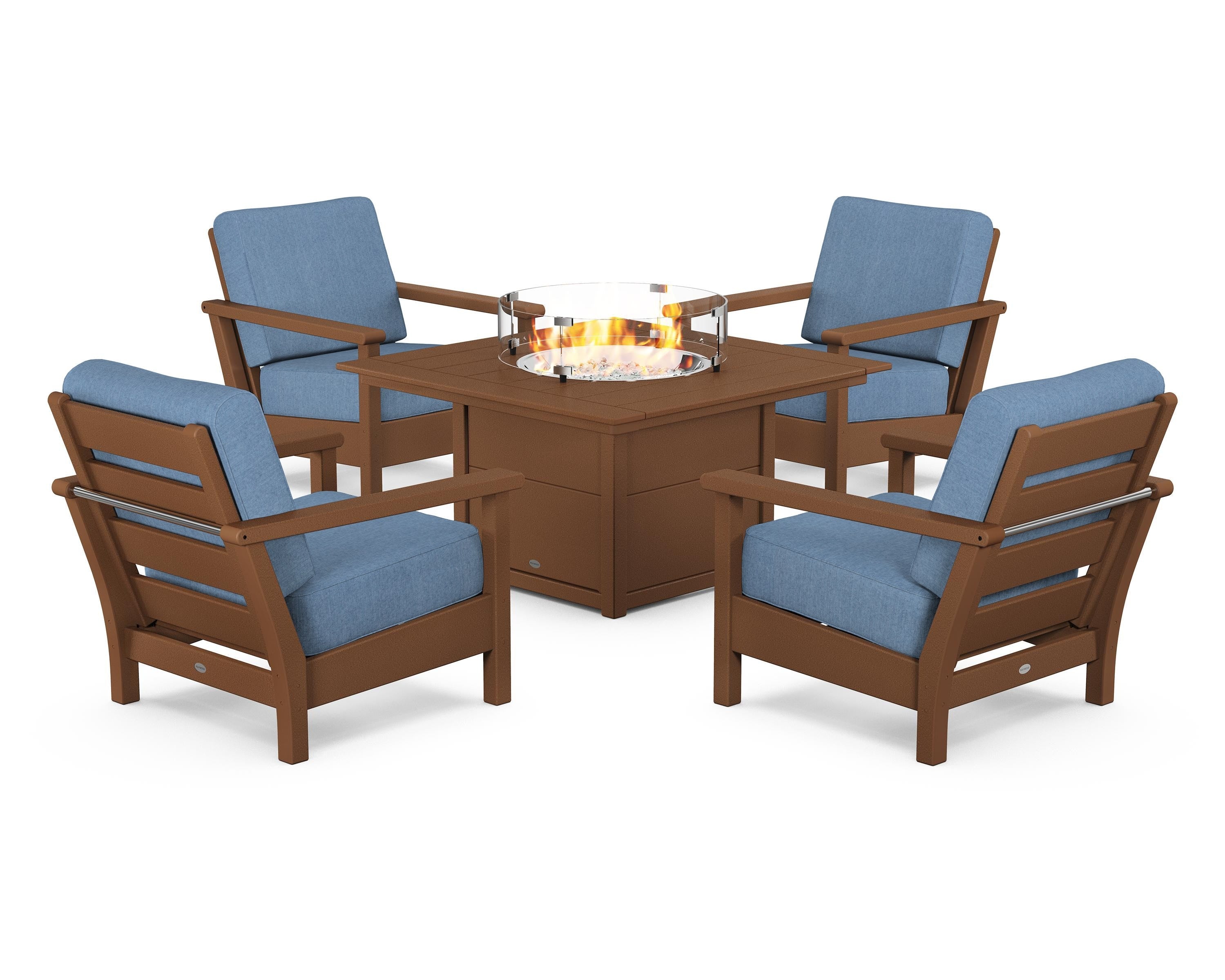 POLYWOOD Harbour 5-Piece Conversation Set with Fire Pit Table in Teak / Sky Blue