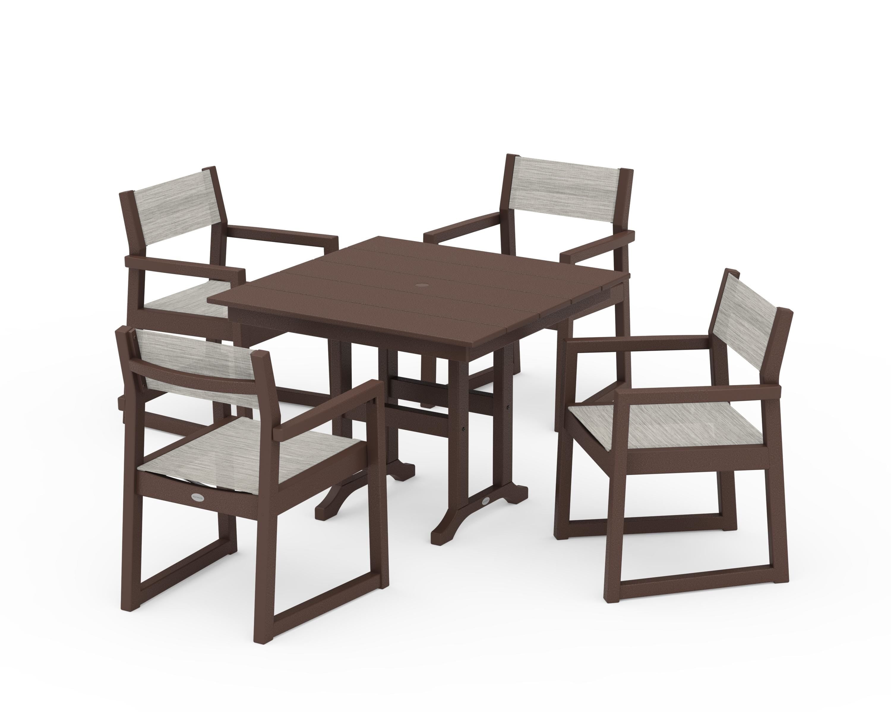 POLYWOOD EDGE Sling Arm Chair 5-Piece Farmhouse Dining Set in Mahogany / Birch Sling