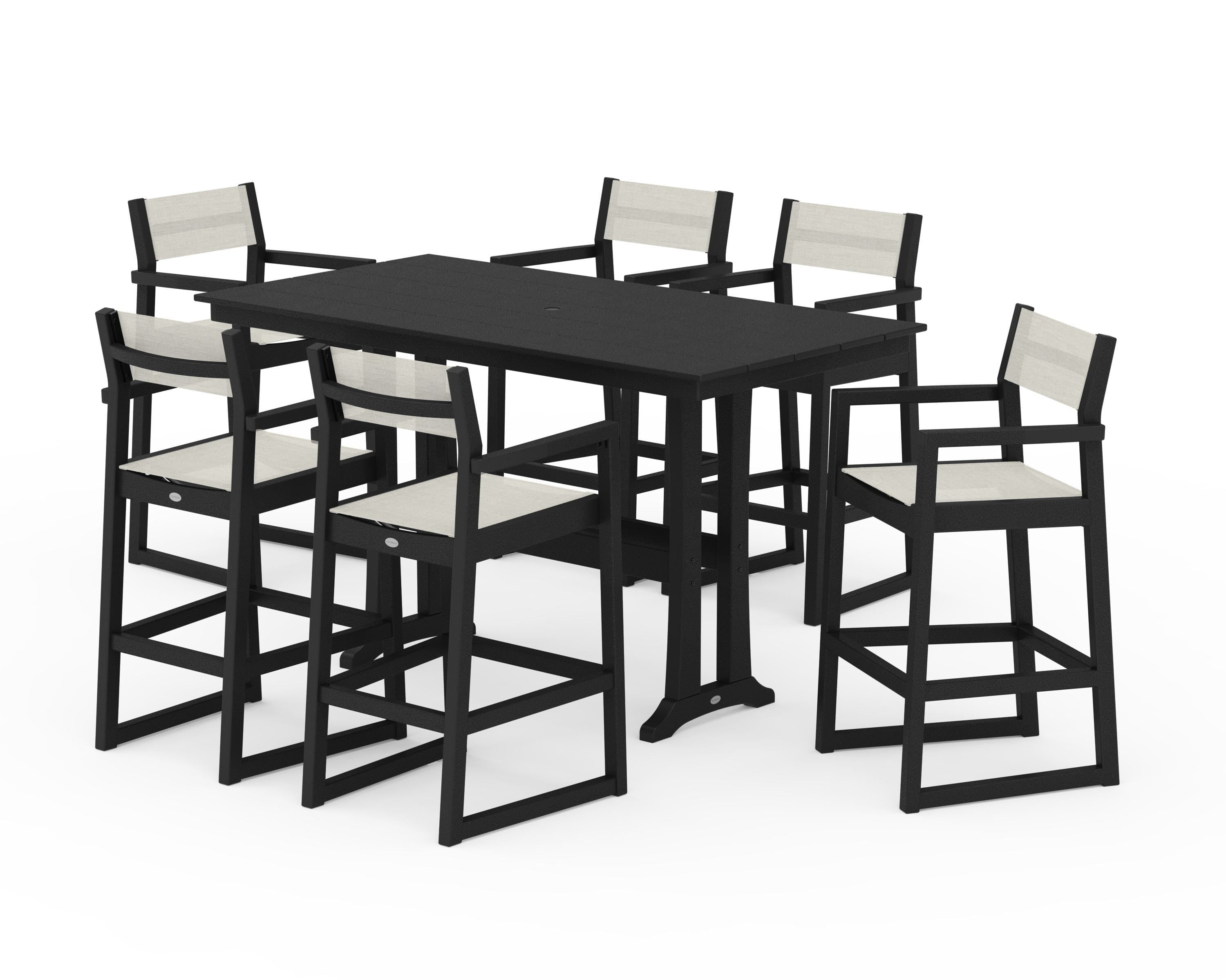 POLYWOOD EDGE Sling Arm Chair 7-Piece Farmhouse Bar Set with Trestle Legs in Black / Parchment Sling
