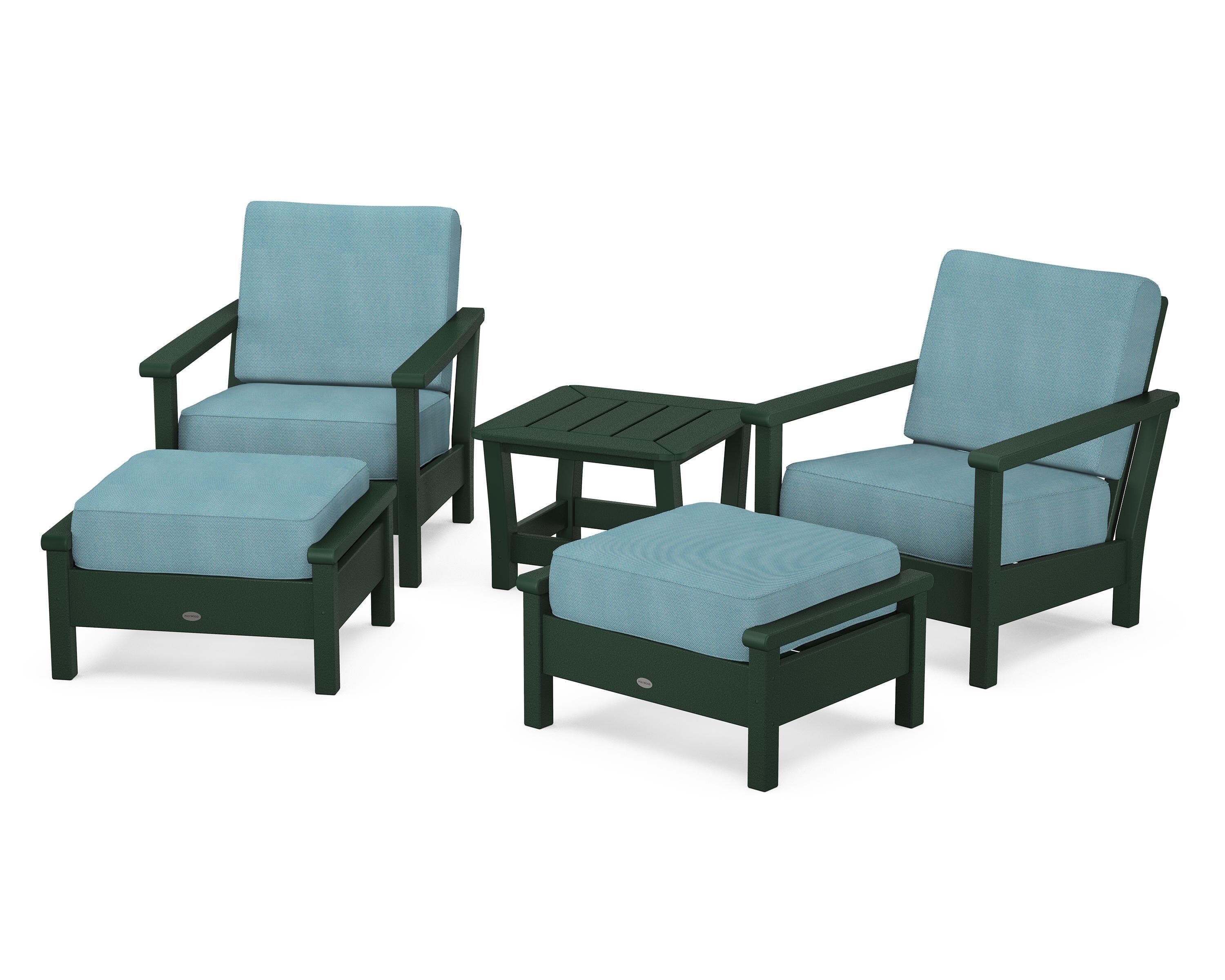 POLYWOOD Harbour 5-Piece Deep Seating Chair Set in Green / Lattice Sky Blue