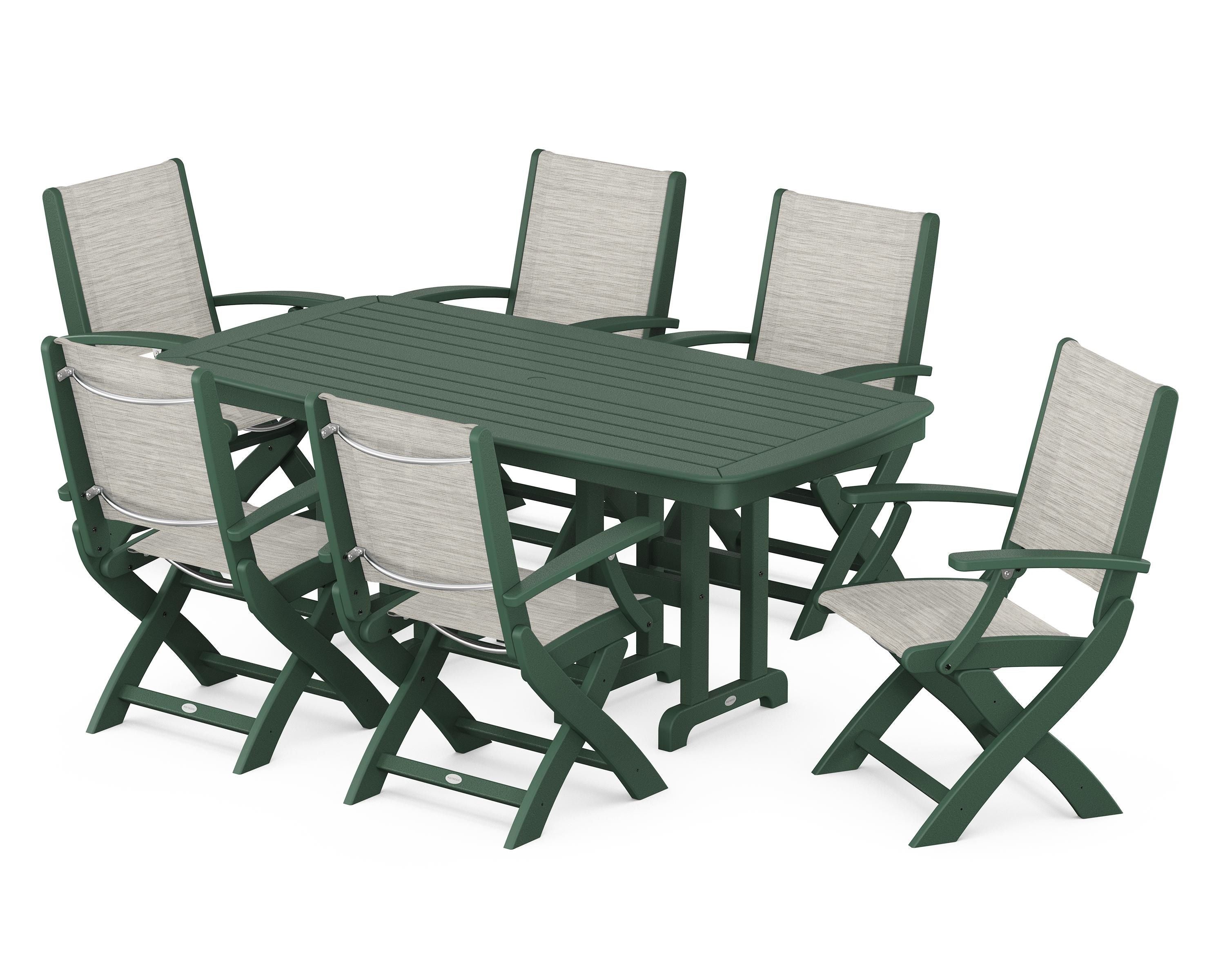 POLYWOOD Coastal Folding Arm Chair 7-Piece Dining Set in Green / Birch Sling