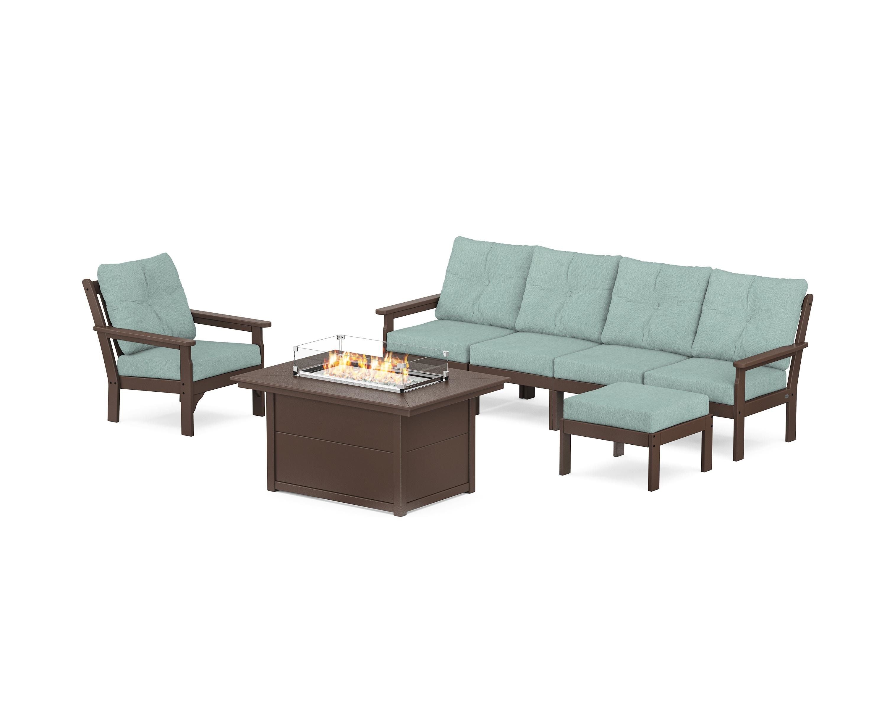 POLYWOOD Vineyard Sectional Lounge and Fire Pit Set in Mahogany / Glacier Spa