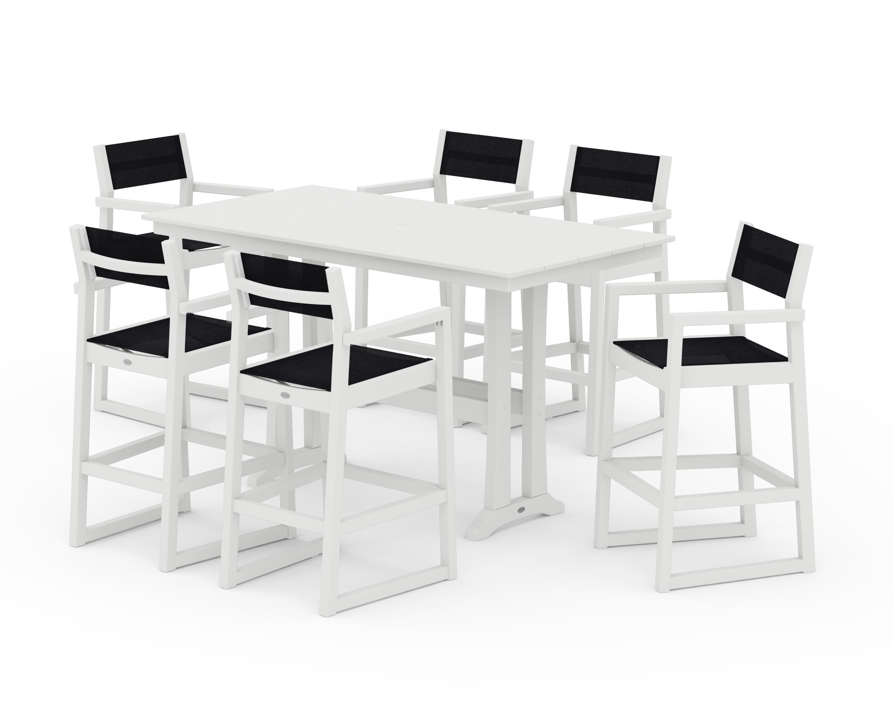 POLYWOOD EDGE Sling Arm Chair 7-Piece Farmhouse Bar Set with Trestle Legs in Vintage White / Black Sling