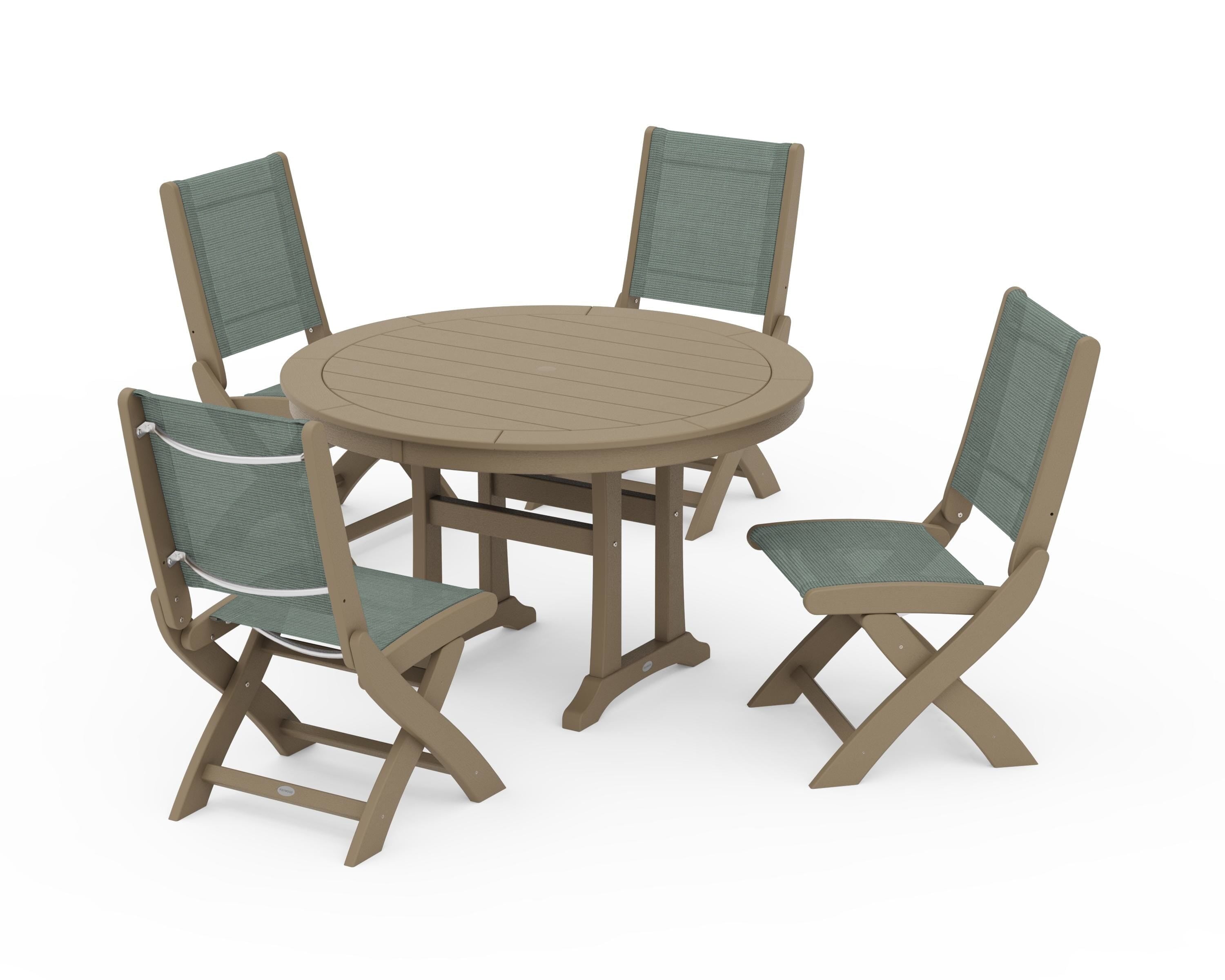POLYWOOD Coastal Folding Side Chair 5-Piece Round Dining Set With Trestle Legs in Vintage Sahara / Dupioni Sea Mist Sling