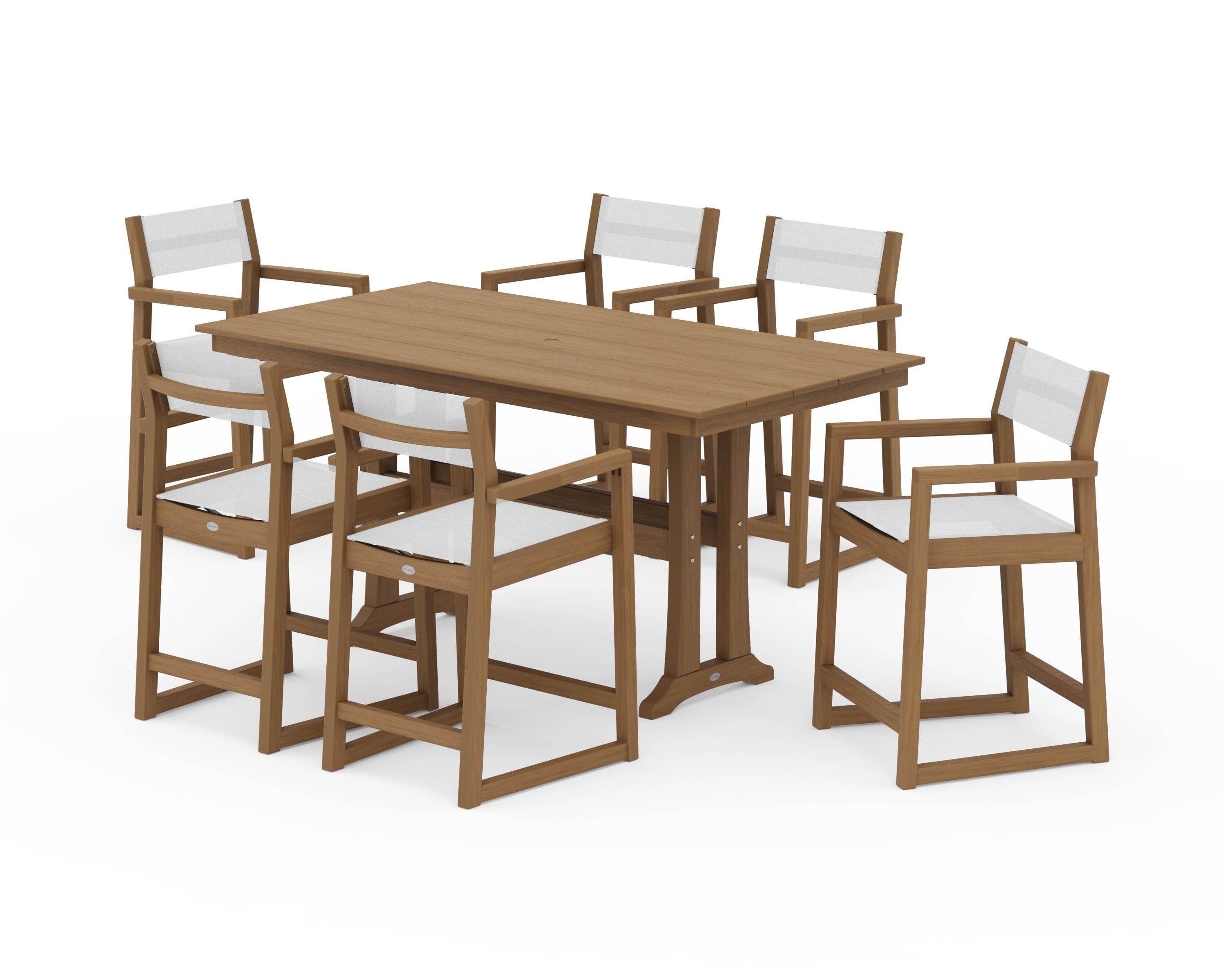 POLYWOOD EDGE Sling Arm Chair 7-Piece Farmhouse Counter Set with Trestle Legs in Natural / White Sling