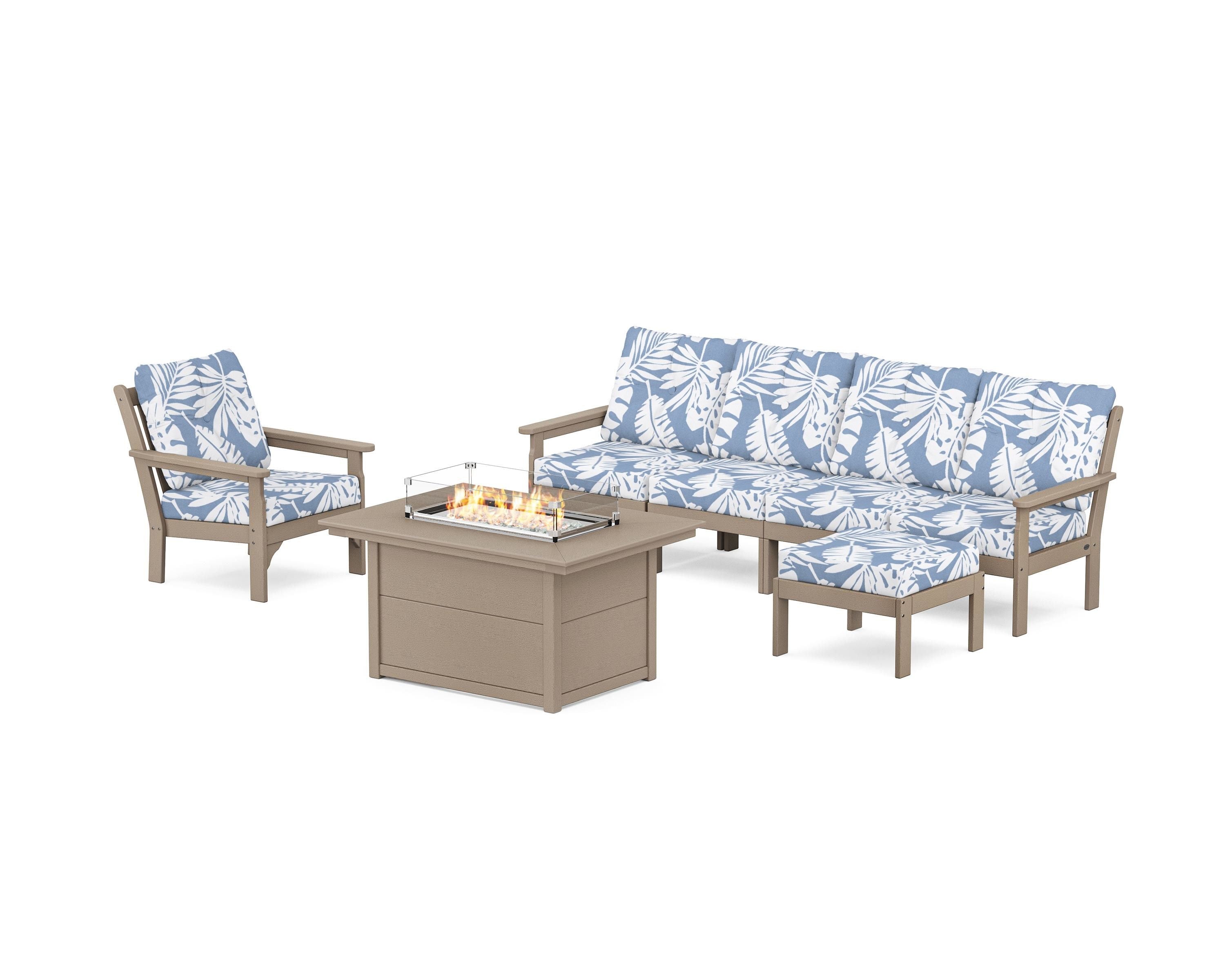 POLYWOOD Vineyard Sectional Lounge and Fire Pit Set in Vintage Sahara / Leaf Sky Blue