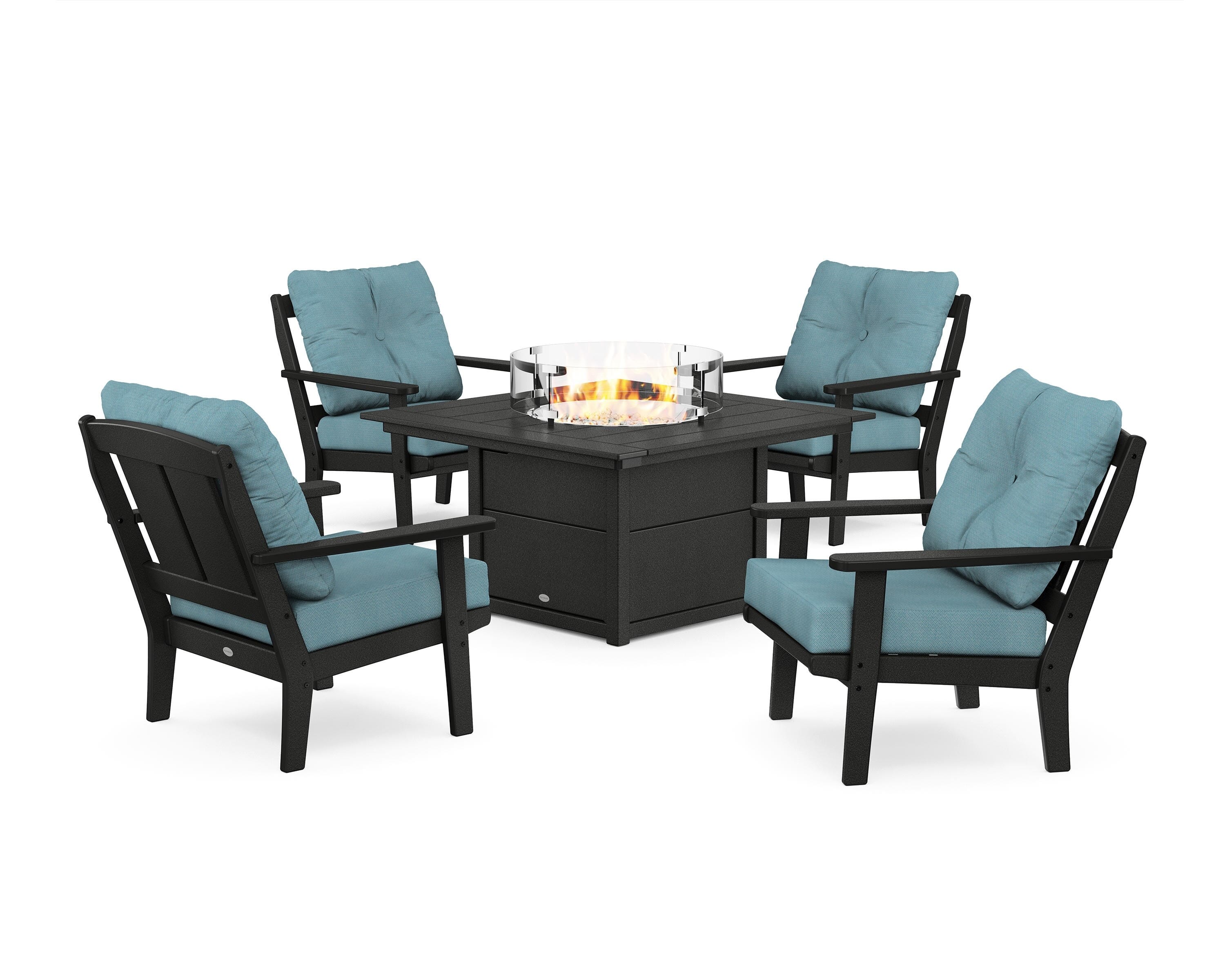 POLYWOOD Mission 5-Piece Deep Seating Set with Fire Pit Table in Black / Lattice Sky Blue