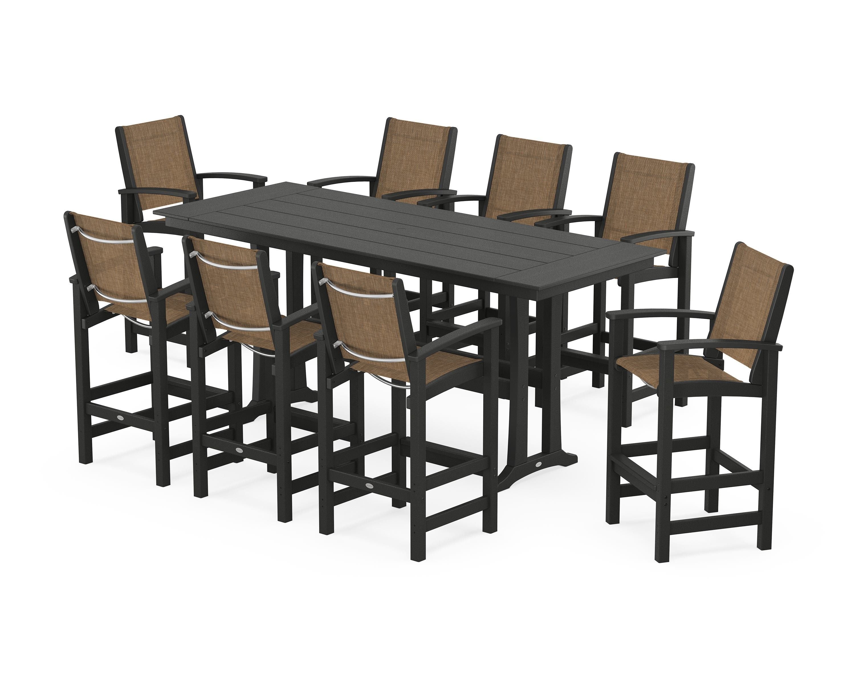POLYWOOD Coastal 9-Piece Farmhouse Bar Set with Trestle Legs in Black / Burlap Sling