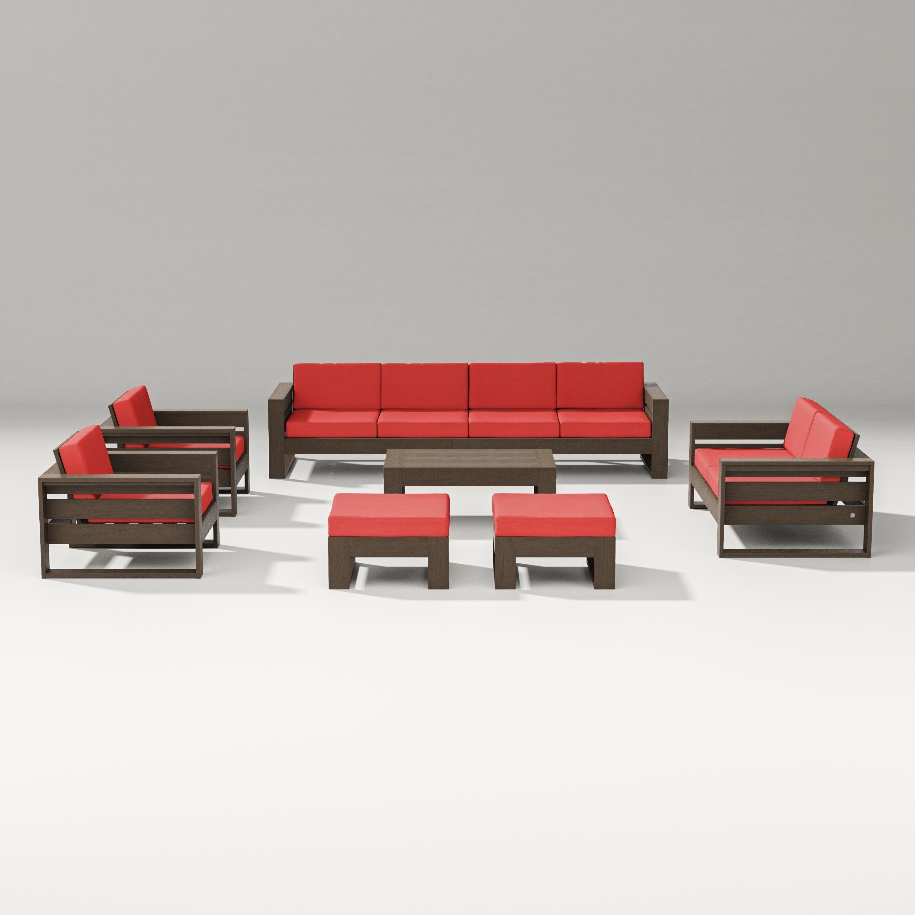PW Designer Series Latitude 8-Piece Lounge Sofa Set in Kona / Crimson Linen