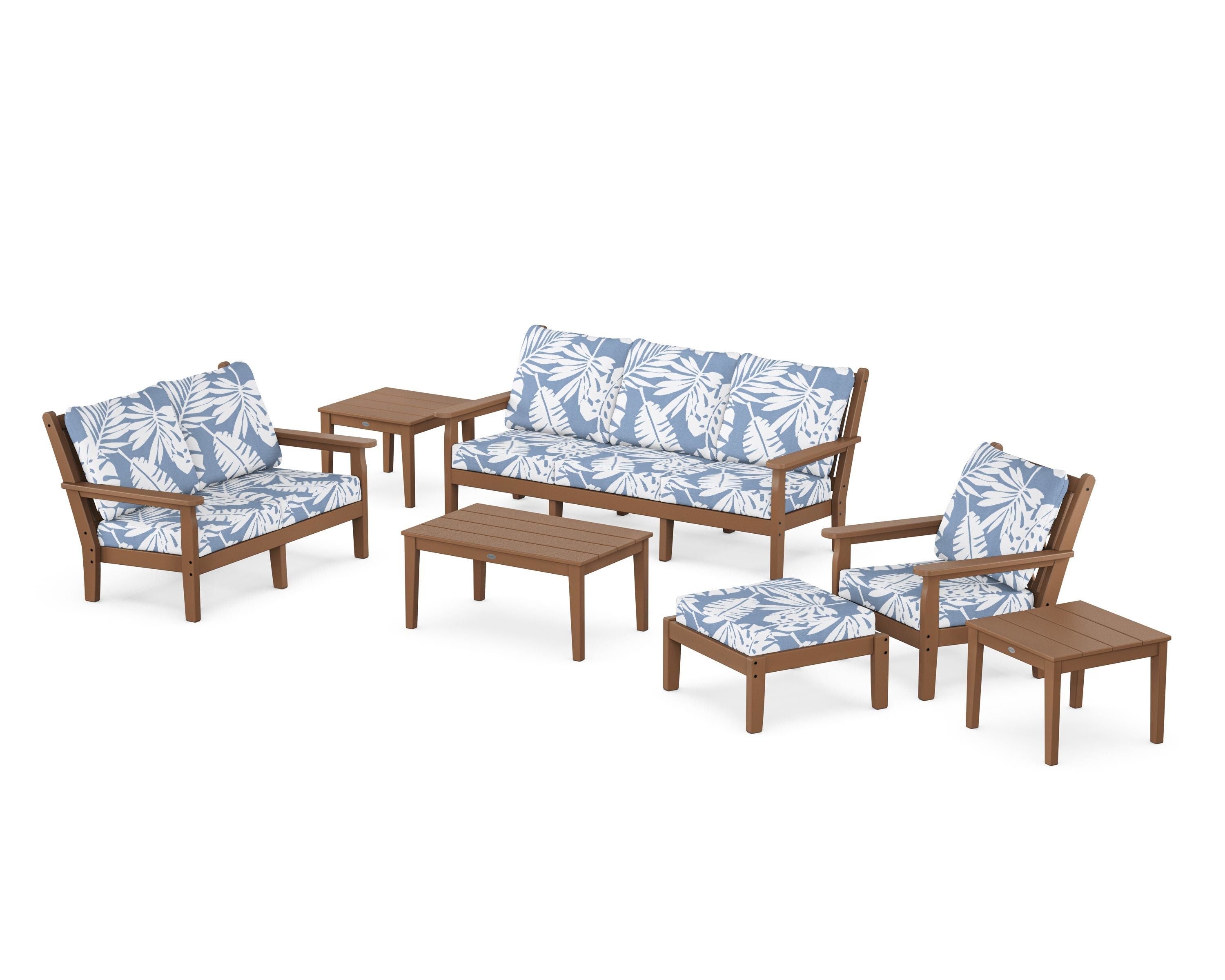 POLYWOOD Chippendale 7-Piece Deep Seating Set in Teak / Leaf Sky Blue