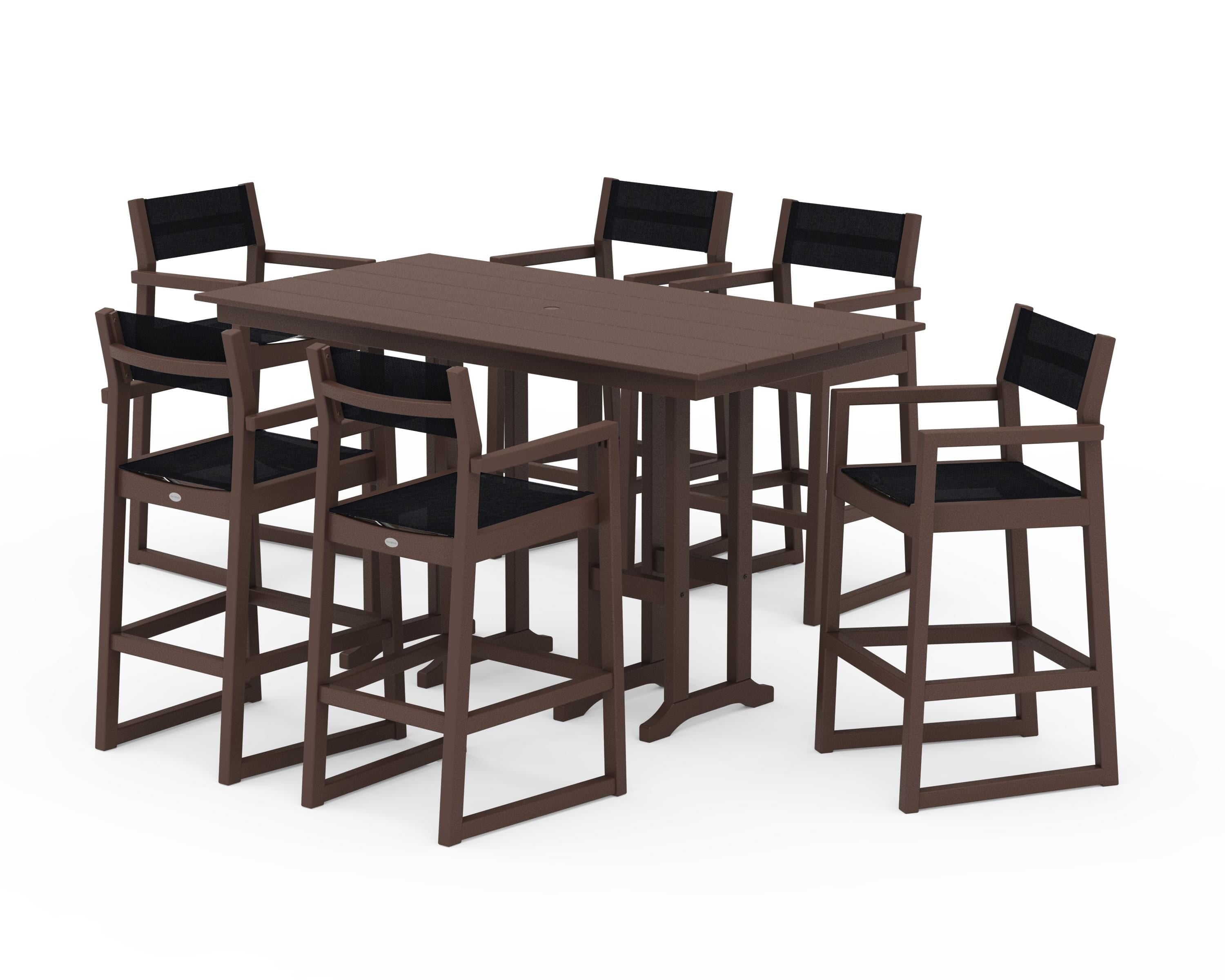POLYWOOD EDGE Sling Arm Chair 7-Piece Farmhouse Bar Set in Mahogany / Black Sling