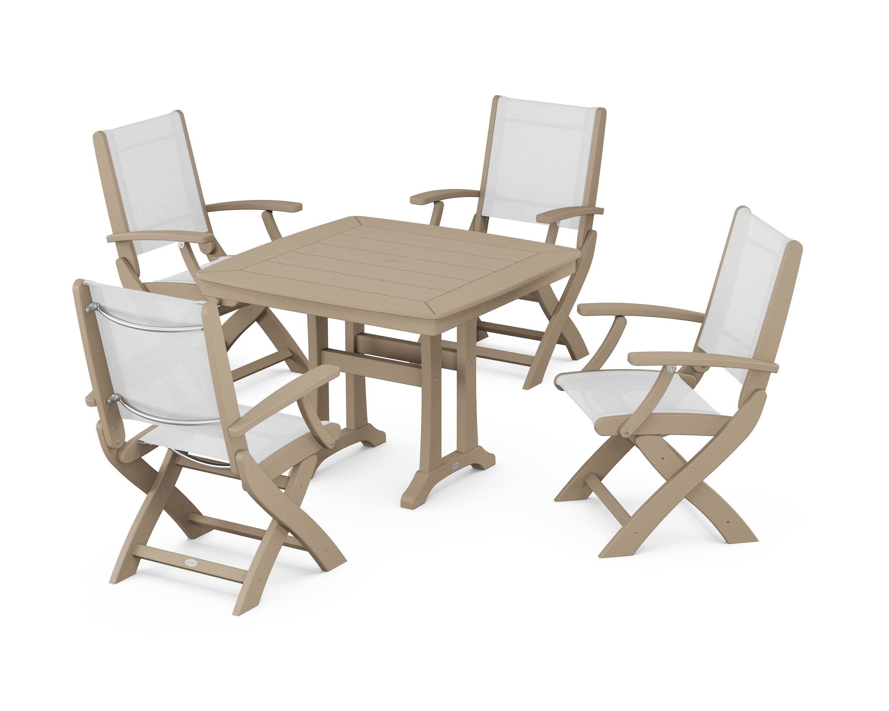POLYWOOD Coastal Folding Chair 5-Piece Dining Set with Trestle Legs in Vintage Sahara / White Sling