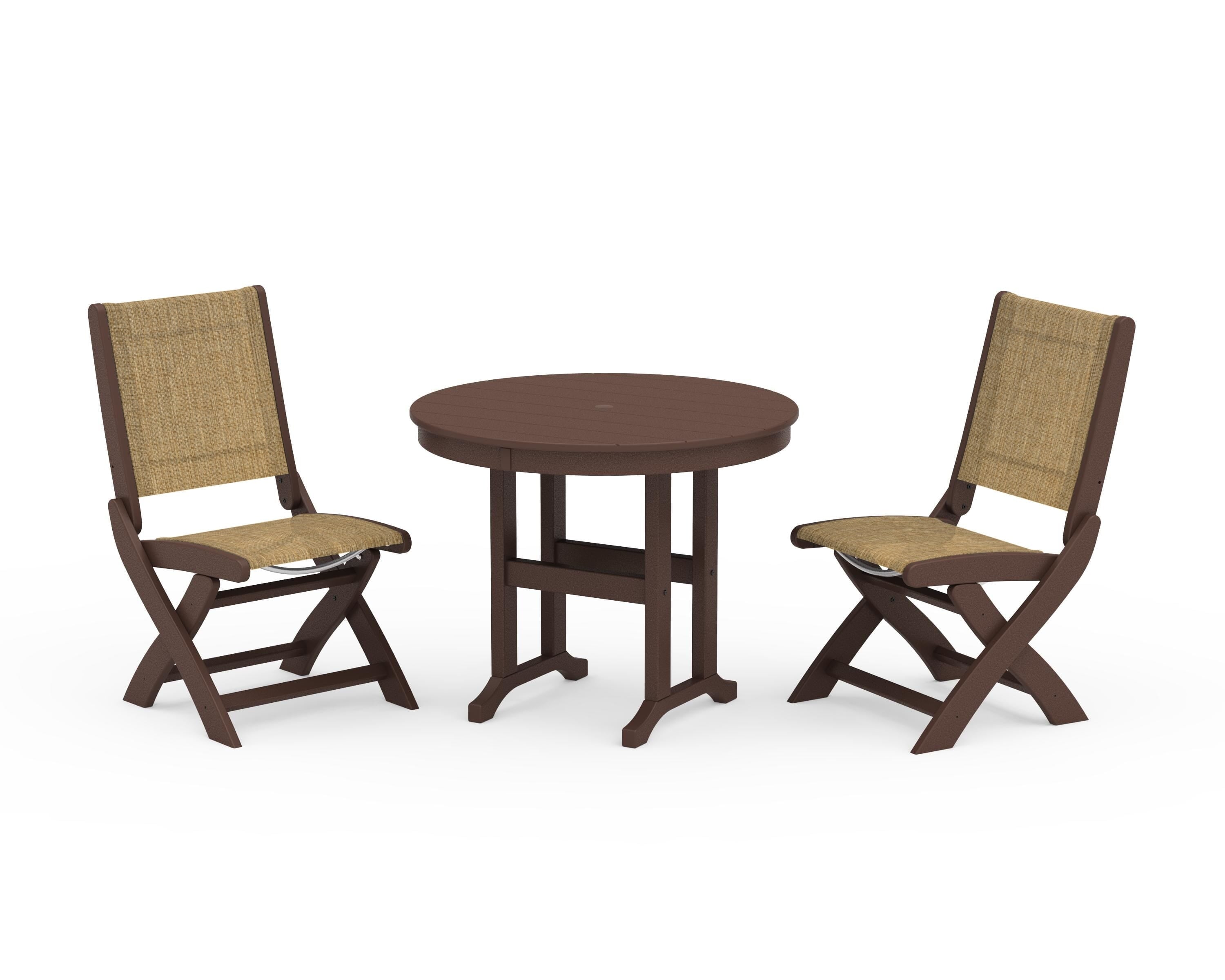 POLYWOOD Coastal Folding Side Chair 3-Piece Round Dining Set in Mahogany / Burlap Sling