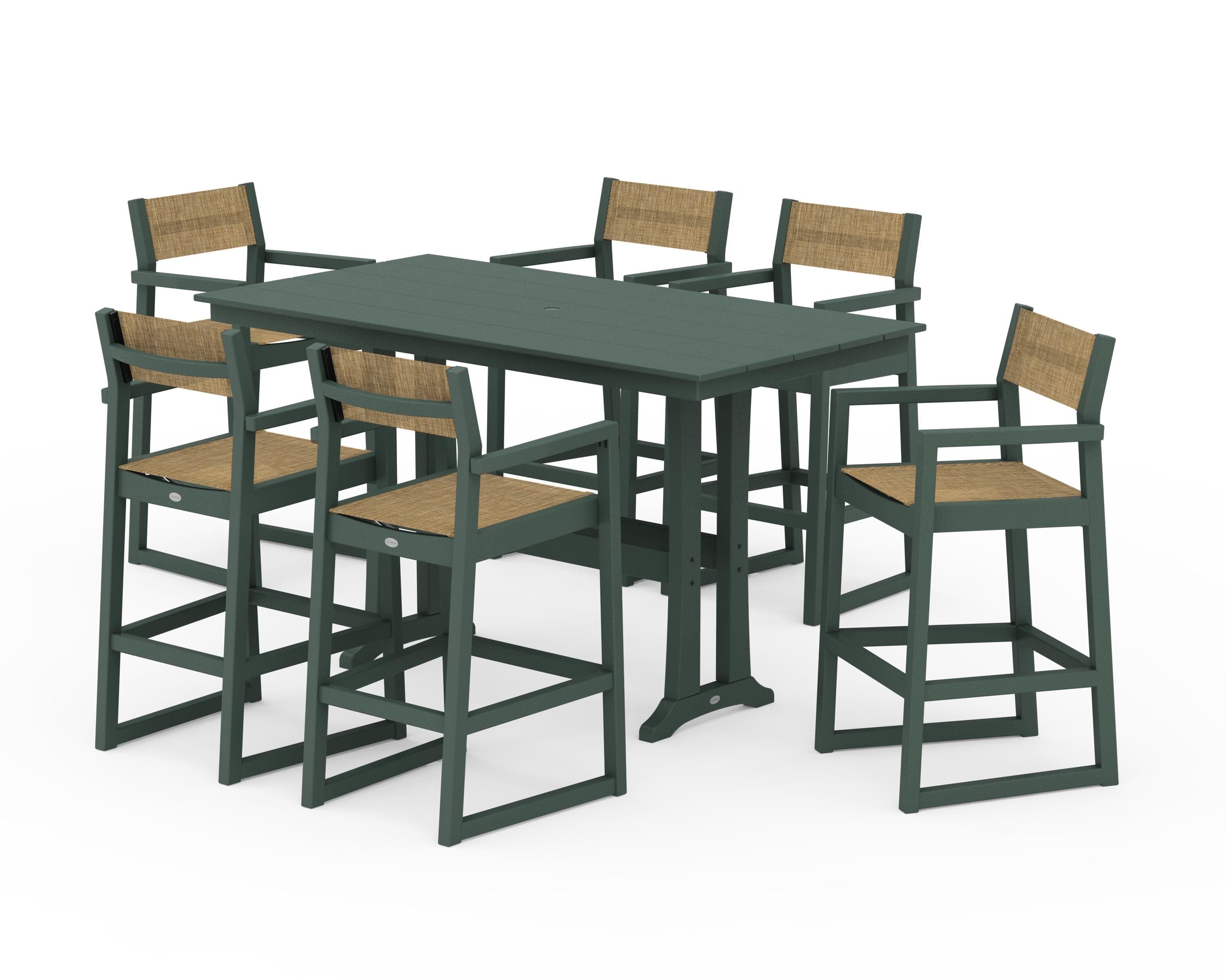 POLYWOOD EDGE Sling Arm Chair 7-Piece Farmhouse Bar Set with Trestle Legs in Green / Burlap Sling
