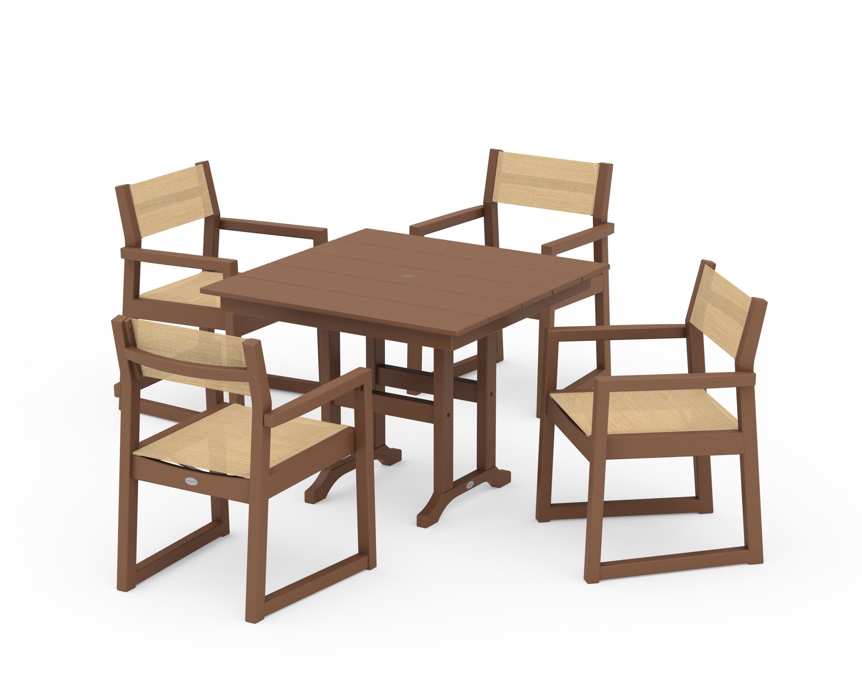 POLYWOOD EDGE Sling Arm Chair 5-Piece Farmhouse Dining Set in Teak / Dupioni Apricot Sling