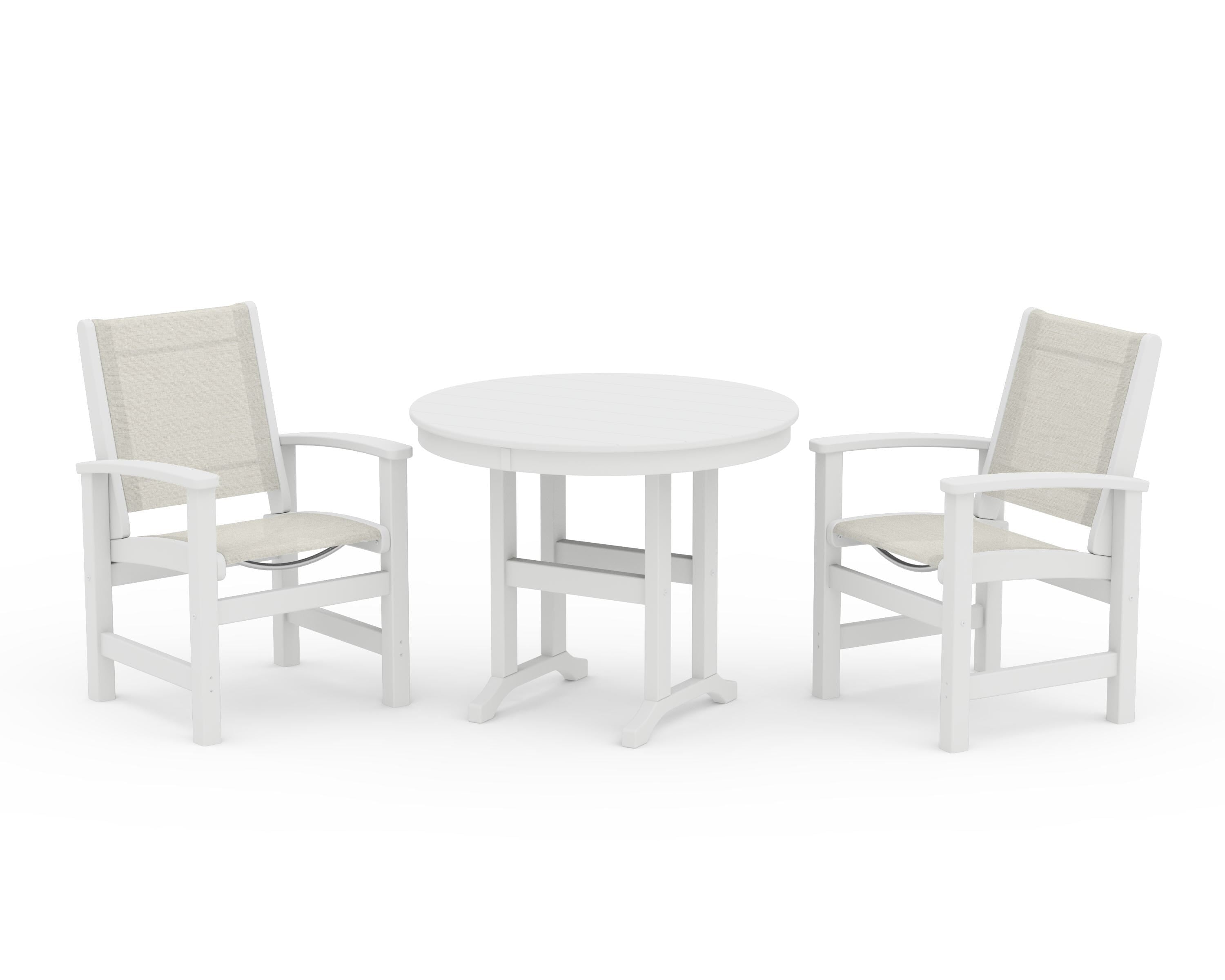 POLYWOOD Coastal 3-Piece Round Dining Set in White / Parchment Sling