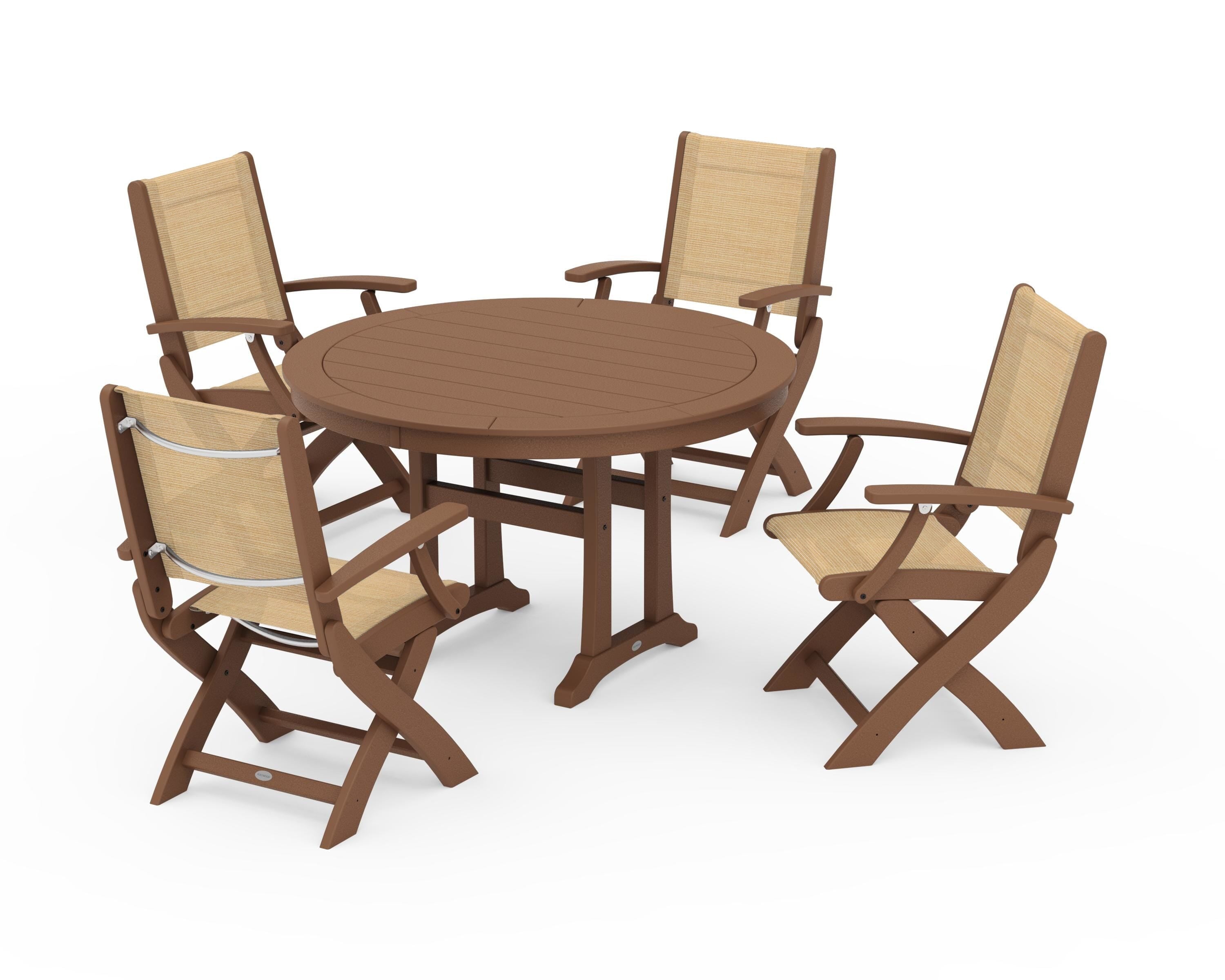 POLYWOOD Coastal Folding Chair 5-Piece Round Dining Set with Trestle Legs in Teak / Dupioni Apricot Sling