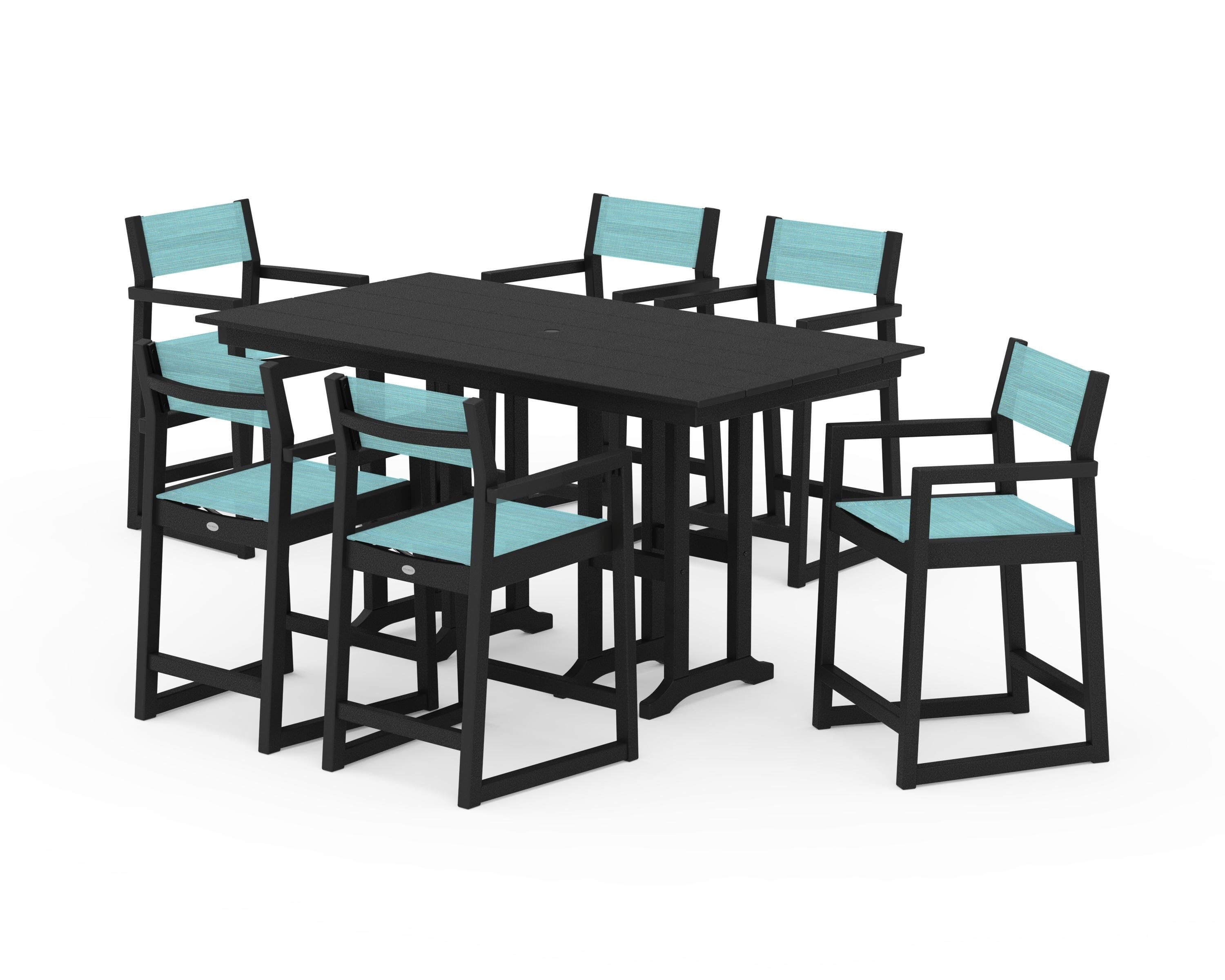 POLYWOOD EDGE Sling Arm Chair 7-Piece Farmhouse Counter Set in Black / Dupioni Aquamarine Sling