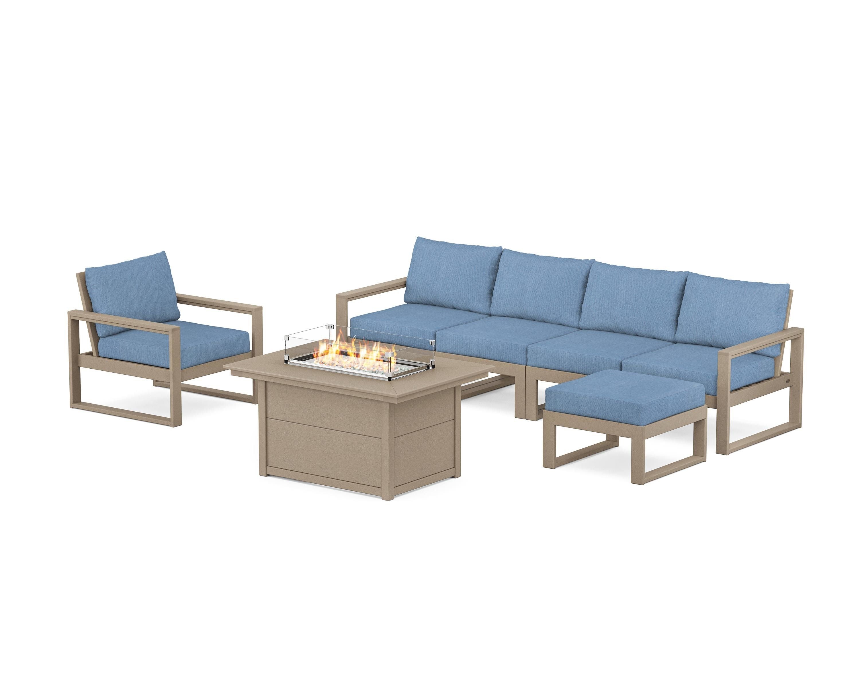 POLYWOOD EDGE Sectional Lounge and Fire Pit Set in Vintage Sahara / Sky Blue