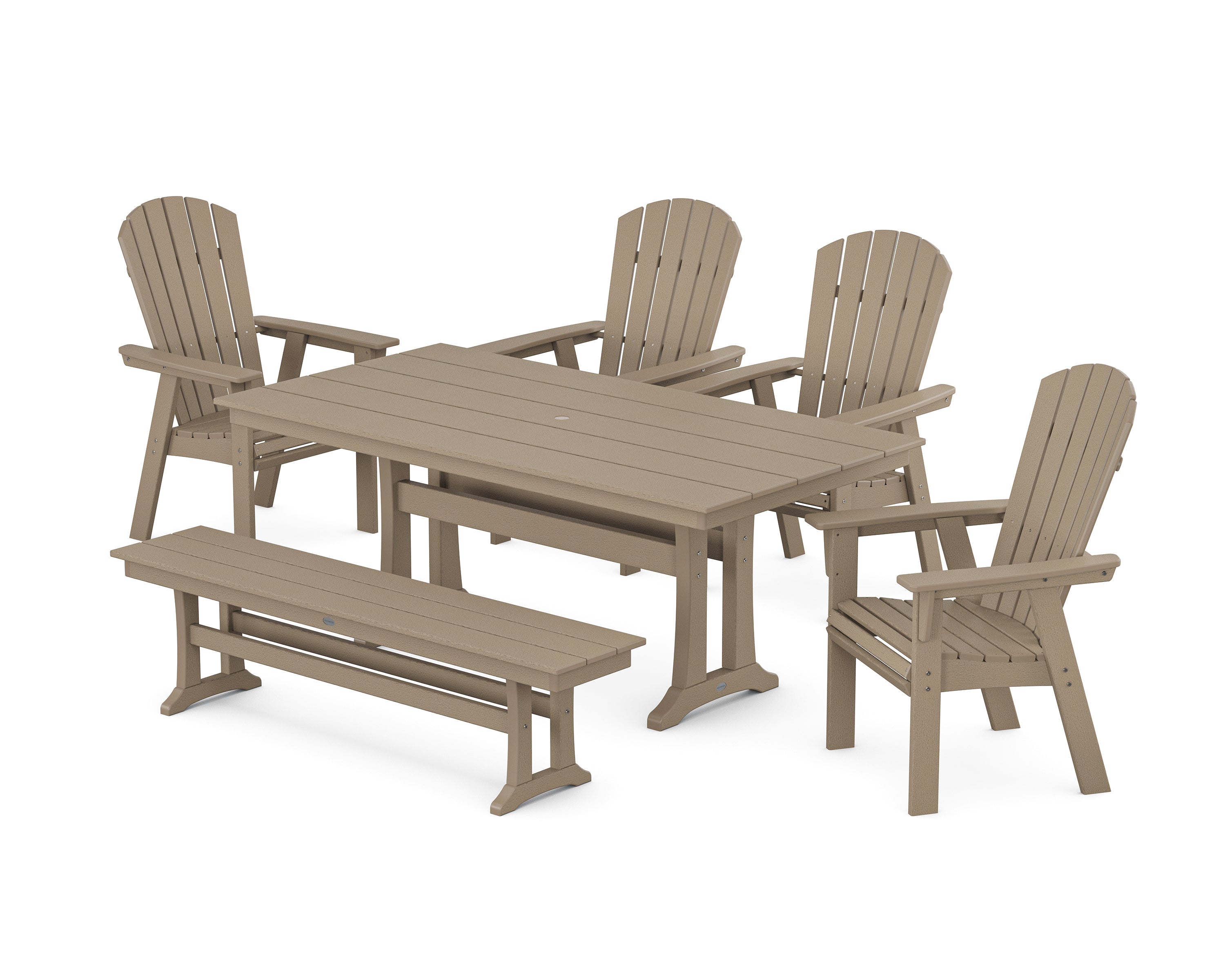 POLYWOOD Nautical Curveback Adirondack 6-Piece Farmhouse Dining Set with Trestle Legs and Bench in Vintage Sahara
