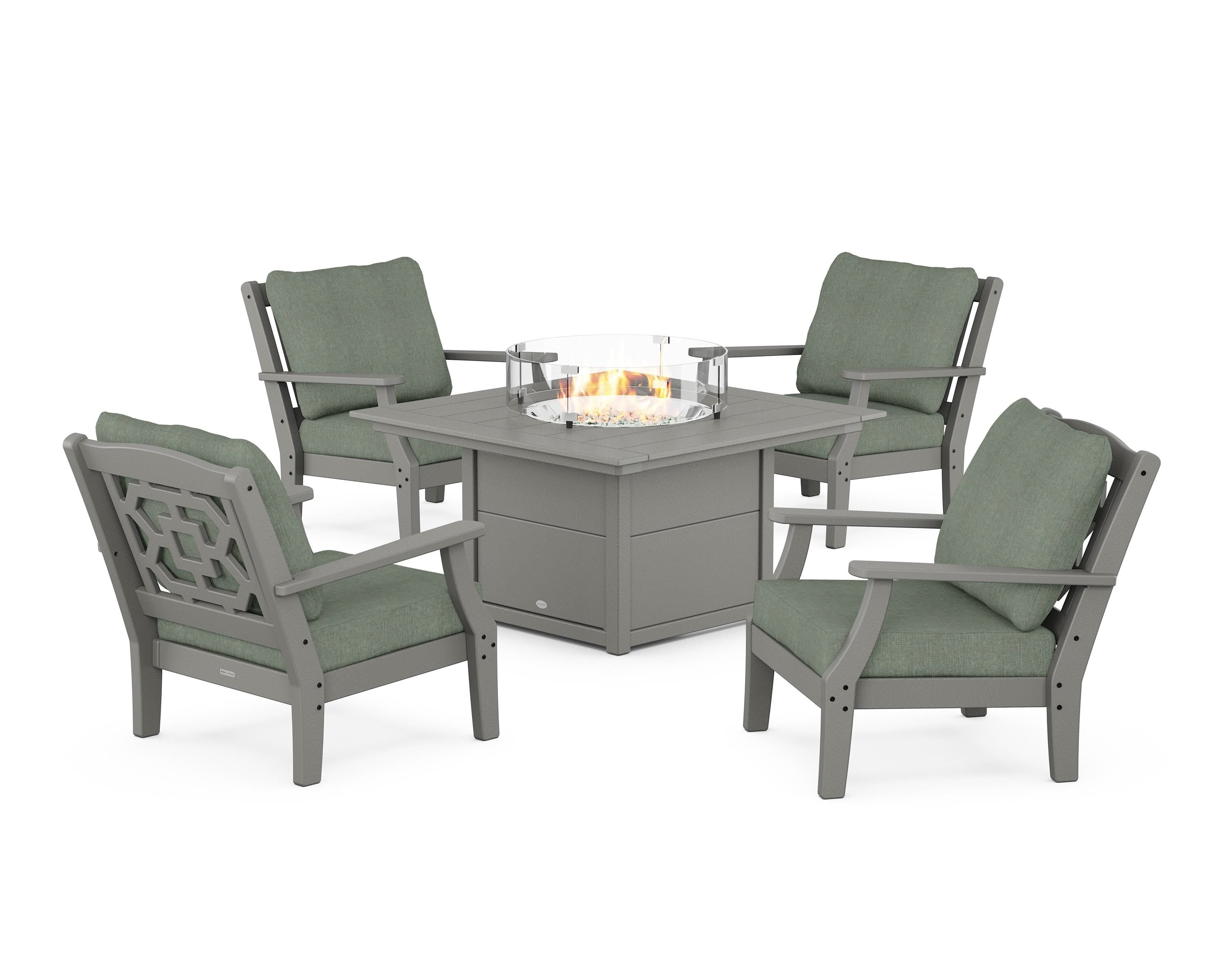 Martha Stewart by POLYWOOD Chinoiserie 5-Piece Deep Seating Set with Fire Pit Table in Slate Grey / Cast Sage