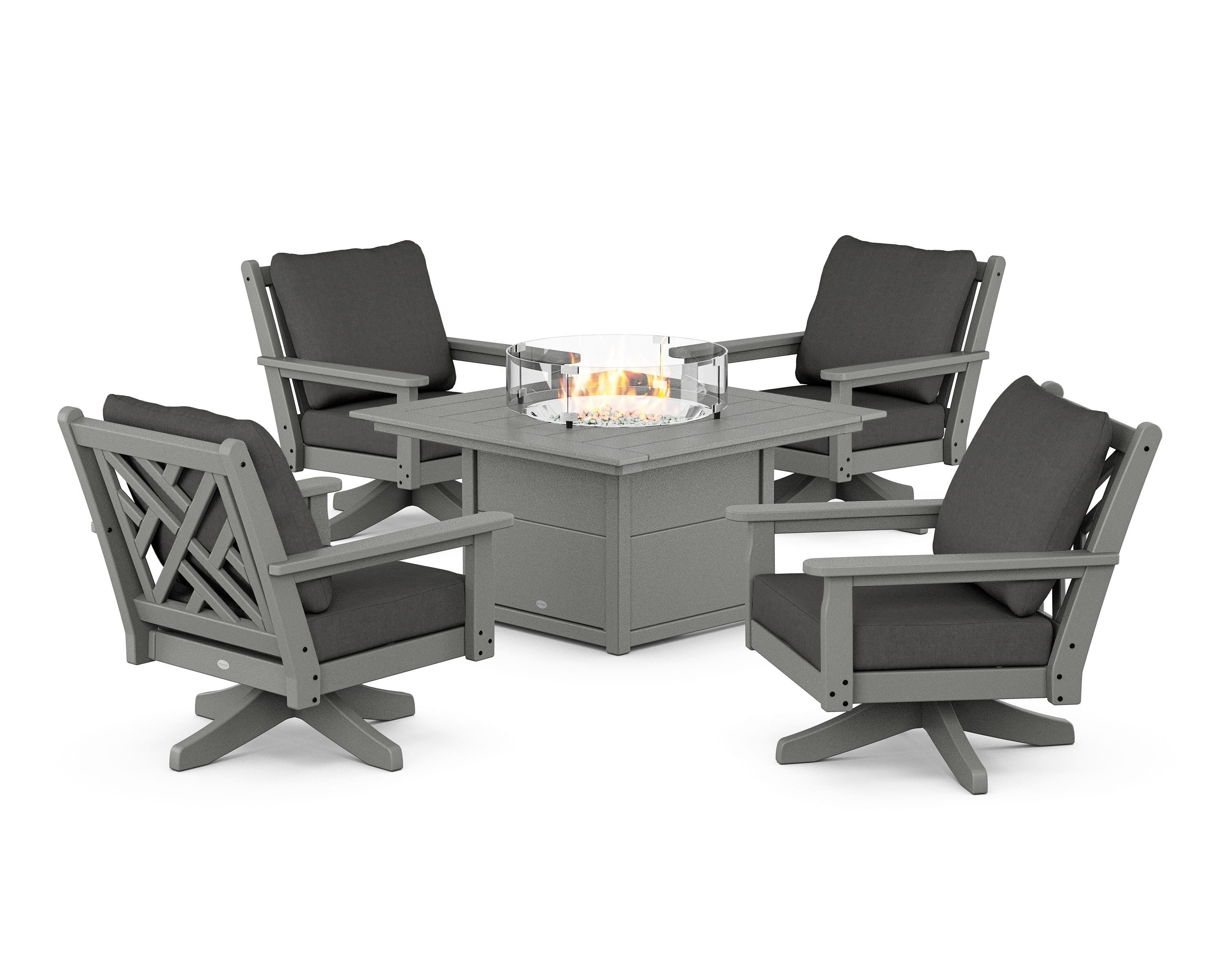POLYWOOD Chippendale 5-Piece Deep Seating Swivel Conversation Set with Fire Pit Table in Slate Grey / Spectrum Carbon