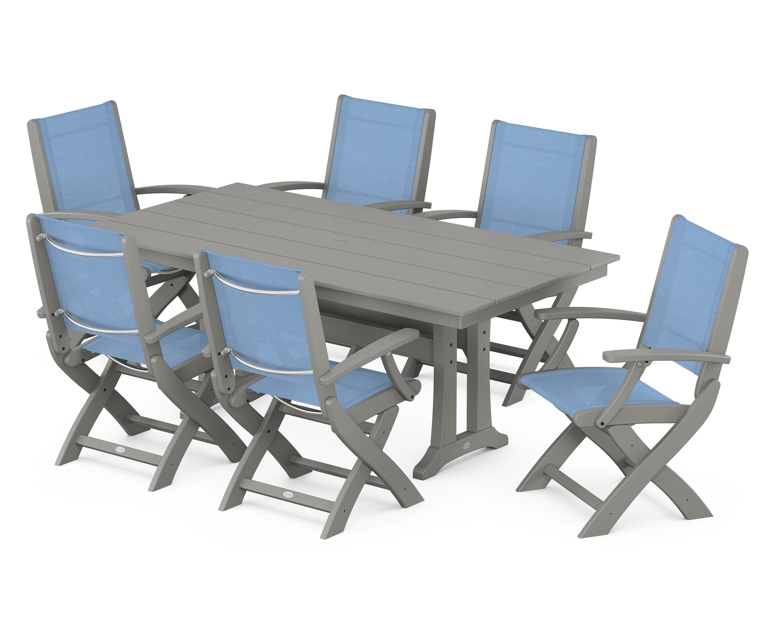 POLYWOOD Coastal Folding Arm Chair 7-Piece Farmhouse Dining Set with Trestle Legs in Slate Grey / Poolside Sling