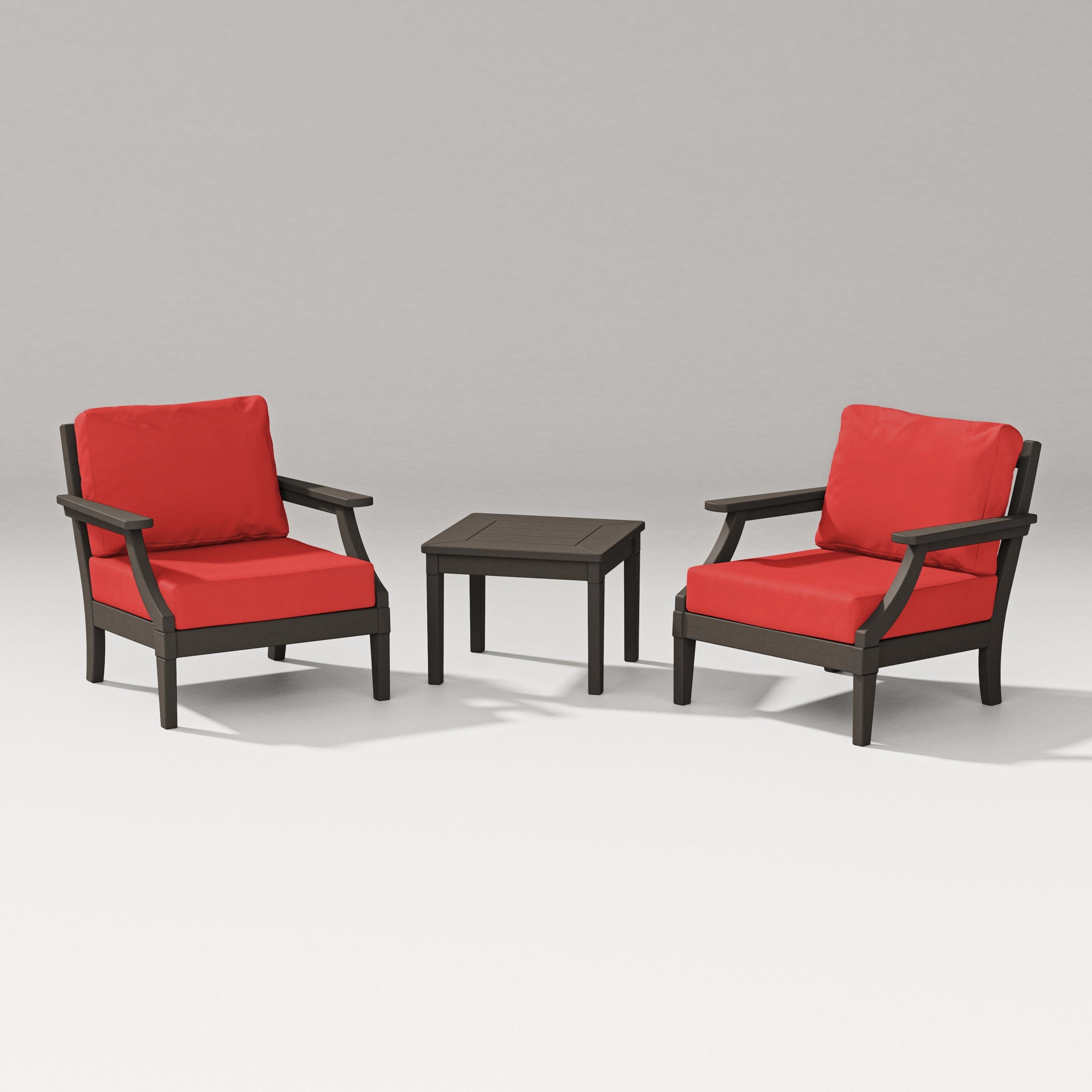 PW Designer Series Estate 3-Piece Lounge Chair Set in Vintage Coffee / Crimson Linen