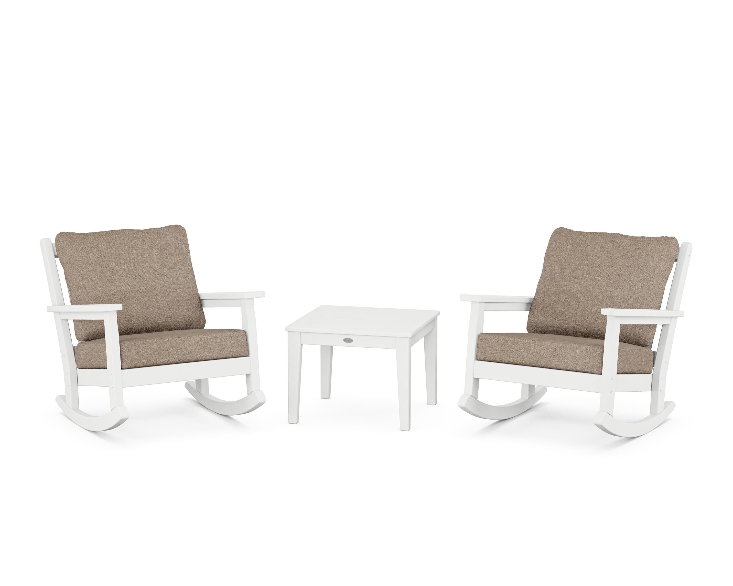 POLYWOOD Chippendale 3-Piece Deep Seating Rocker Set in White / Spiced Burlap