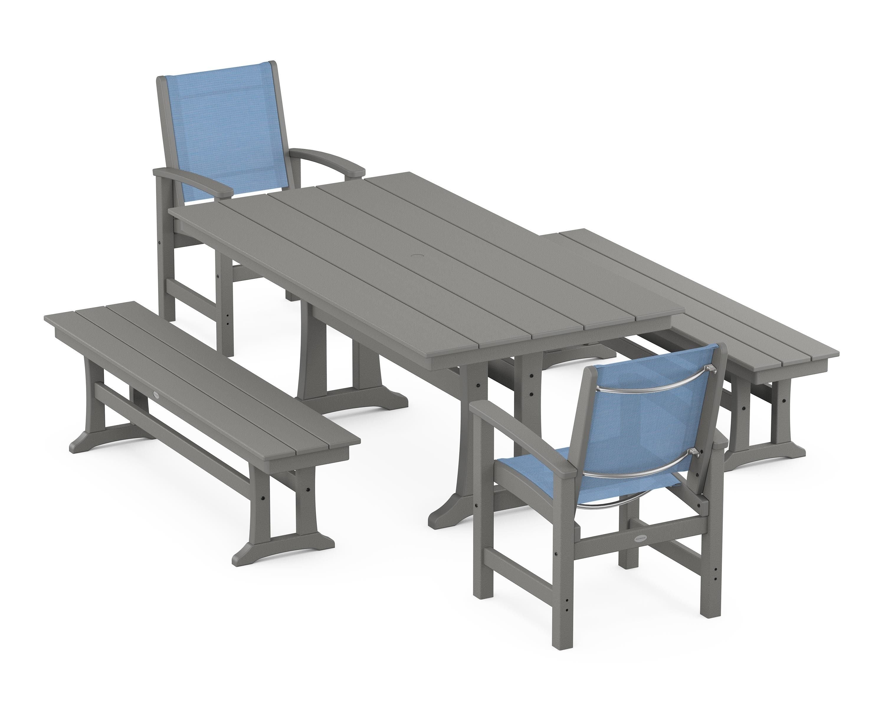 POLYWOOD Coastal 5-Piece Farmhouse Dining Set with Trestle Legs and Benches in Slate Grey / Poolside Sling