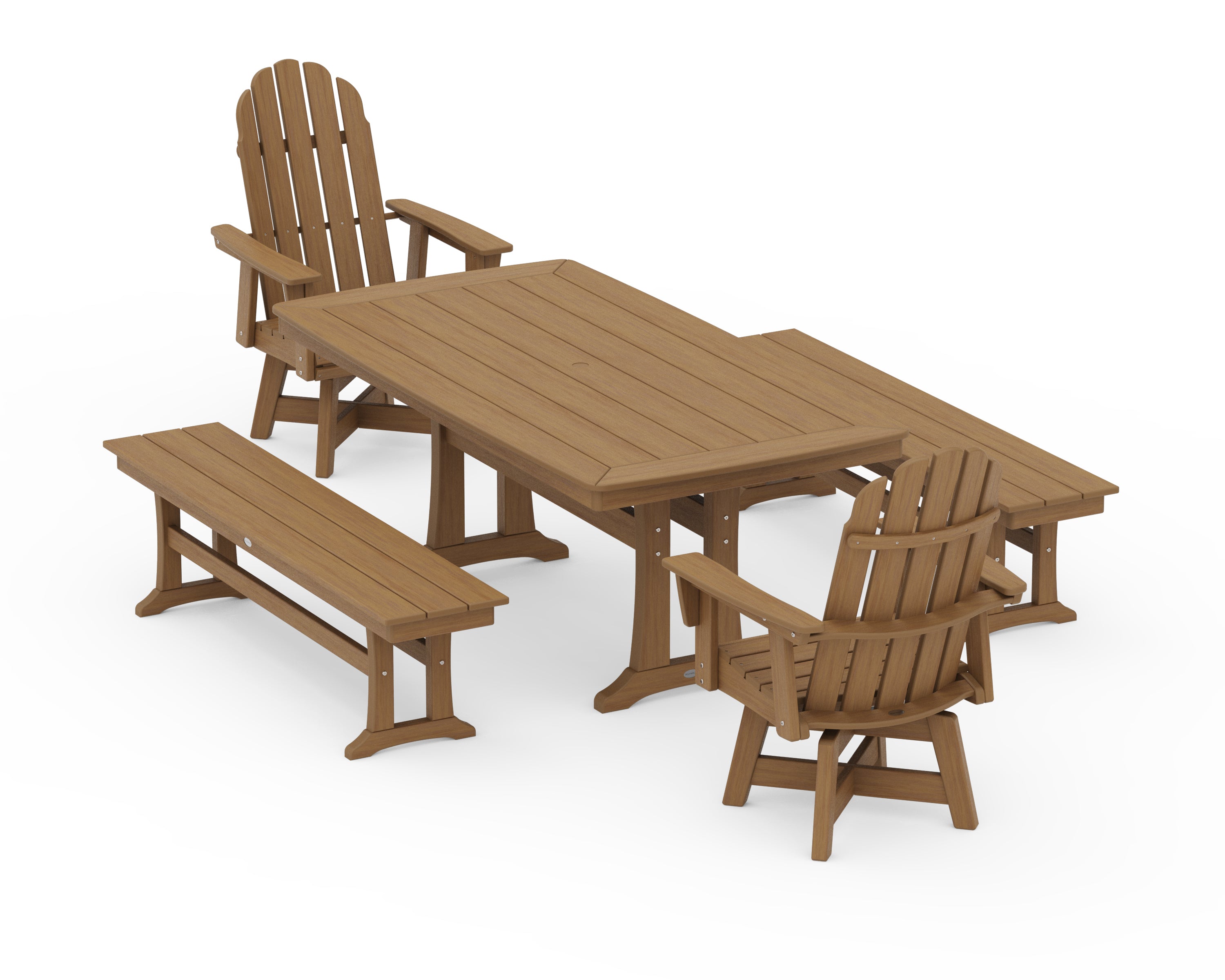POLYWOOD Vineyard Adirondack Swivel Chair 5-Piece Dining Set with Trestle Legs and Benches in Natural