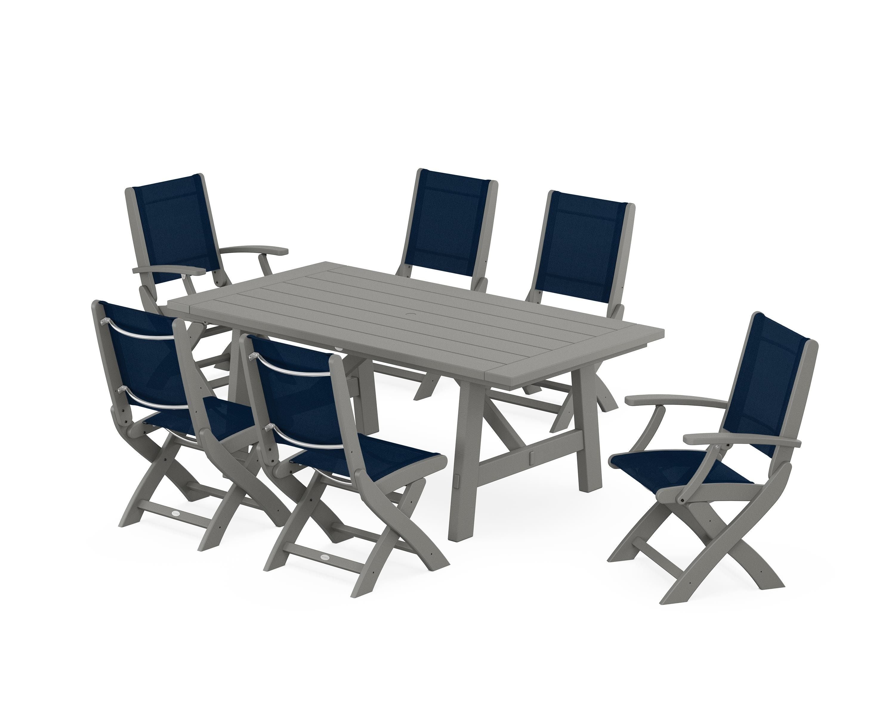 POLYWOOD Coastal Folding Chair 7-Piece Rustic Farmhouse Dining Set in Slate Grey / Navy Blue Sling