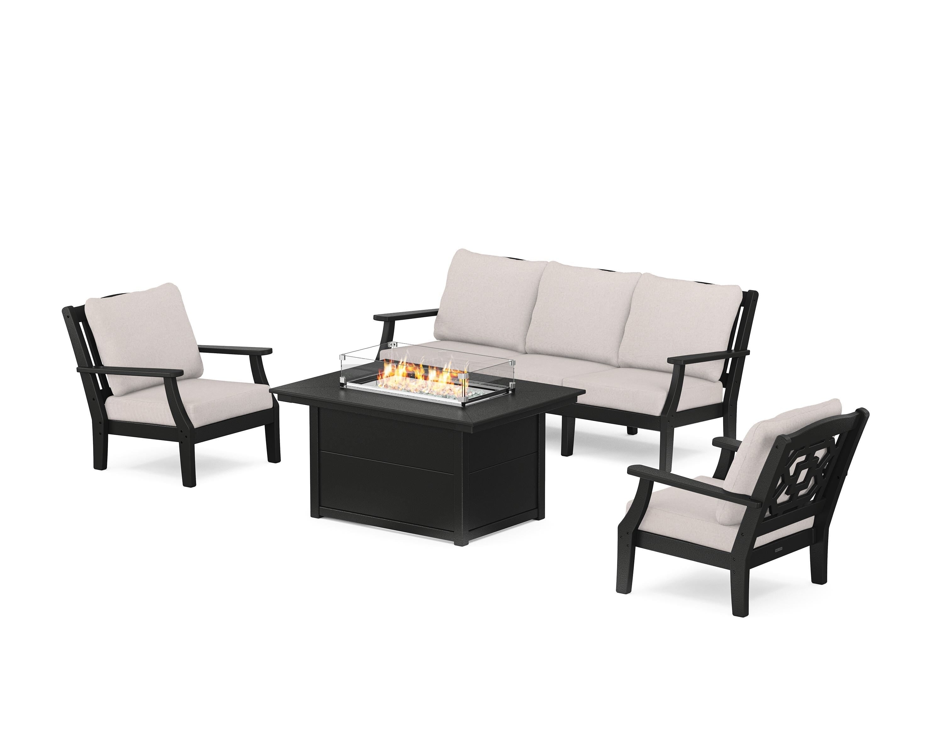 Martha Stewart by POLYWOOD Chinoiserie Deep Seating Fire Pit Table Set in Black / Dune Burlap