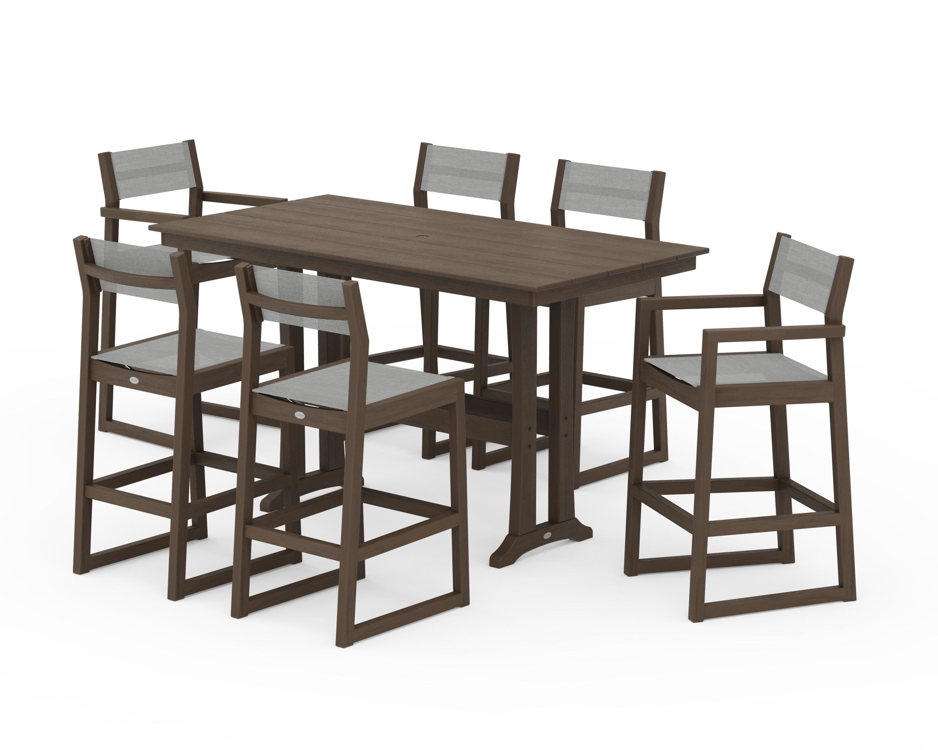 POLYWOOD EDGE Sling 7-Piece Farmhouse Bar Set with Trestle Legs in Kona / Metallic Sling