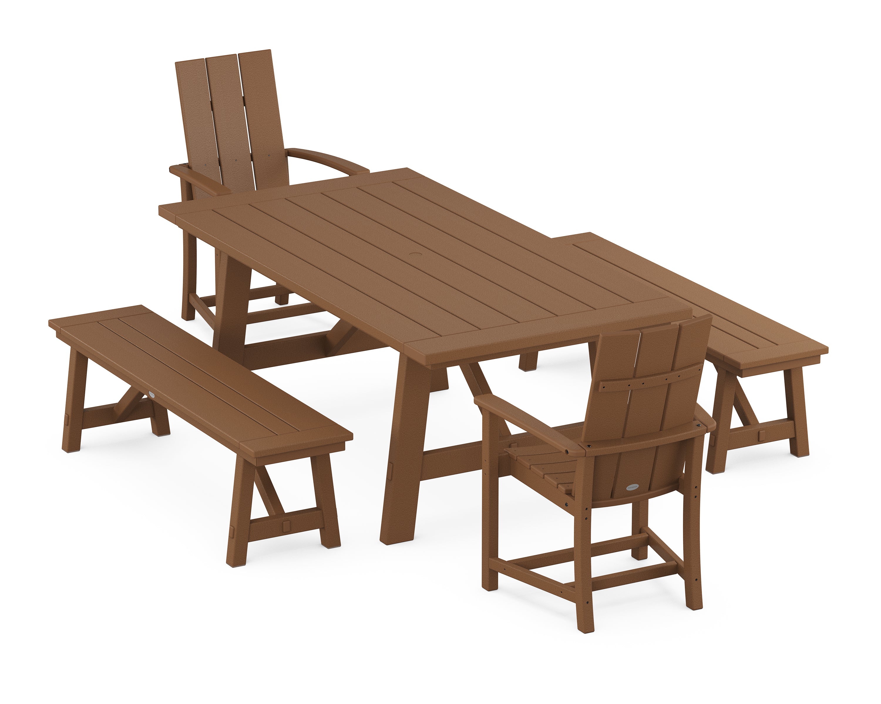 POLYWOOD® Modern Adirondack 5-Piece Rustic Farmhouse Dining Set With Benches in Teak