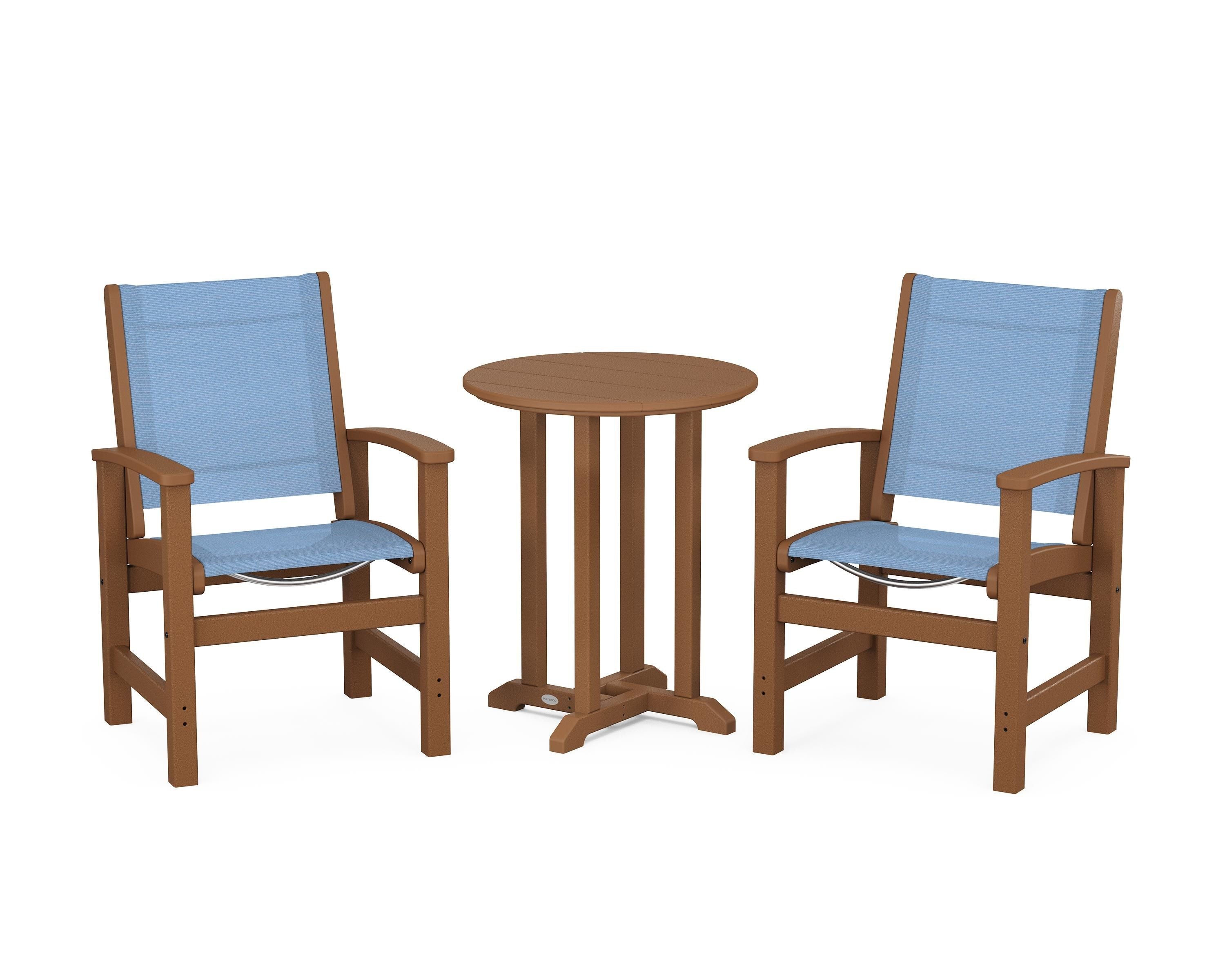 POLYWOOD Coastal 3-Piece Round Bistro Dining Set in Teak / Poolside Sling