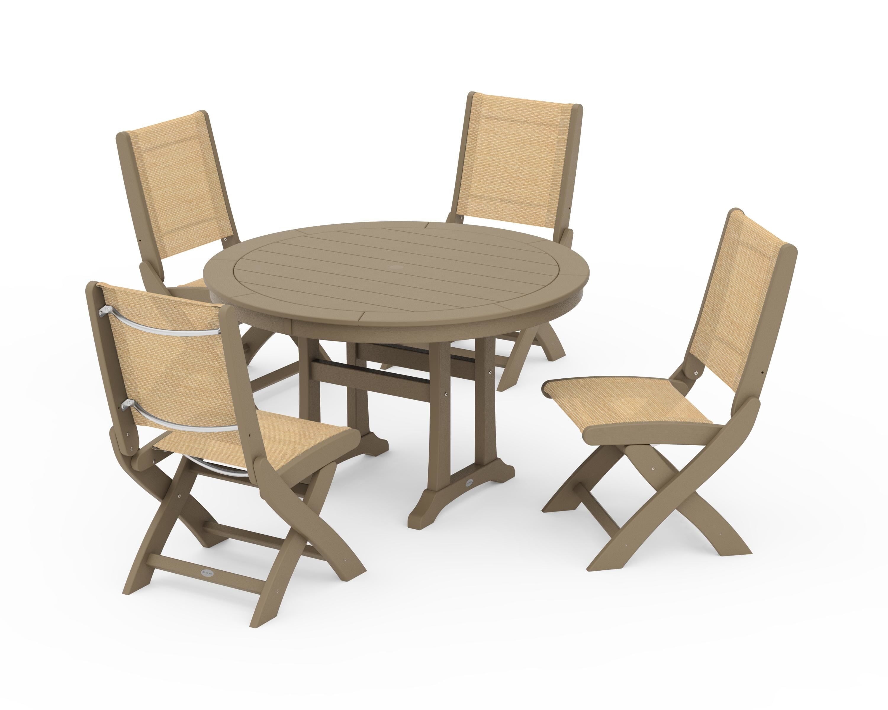 POLYWOOD Coastal Folding Side Chair 5-Piece Round Dining Set With Trestle Legs in Vintage Sahara / Dupioni Apricot Sling