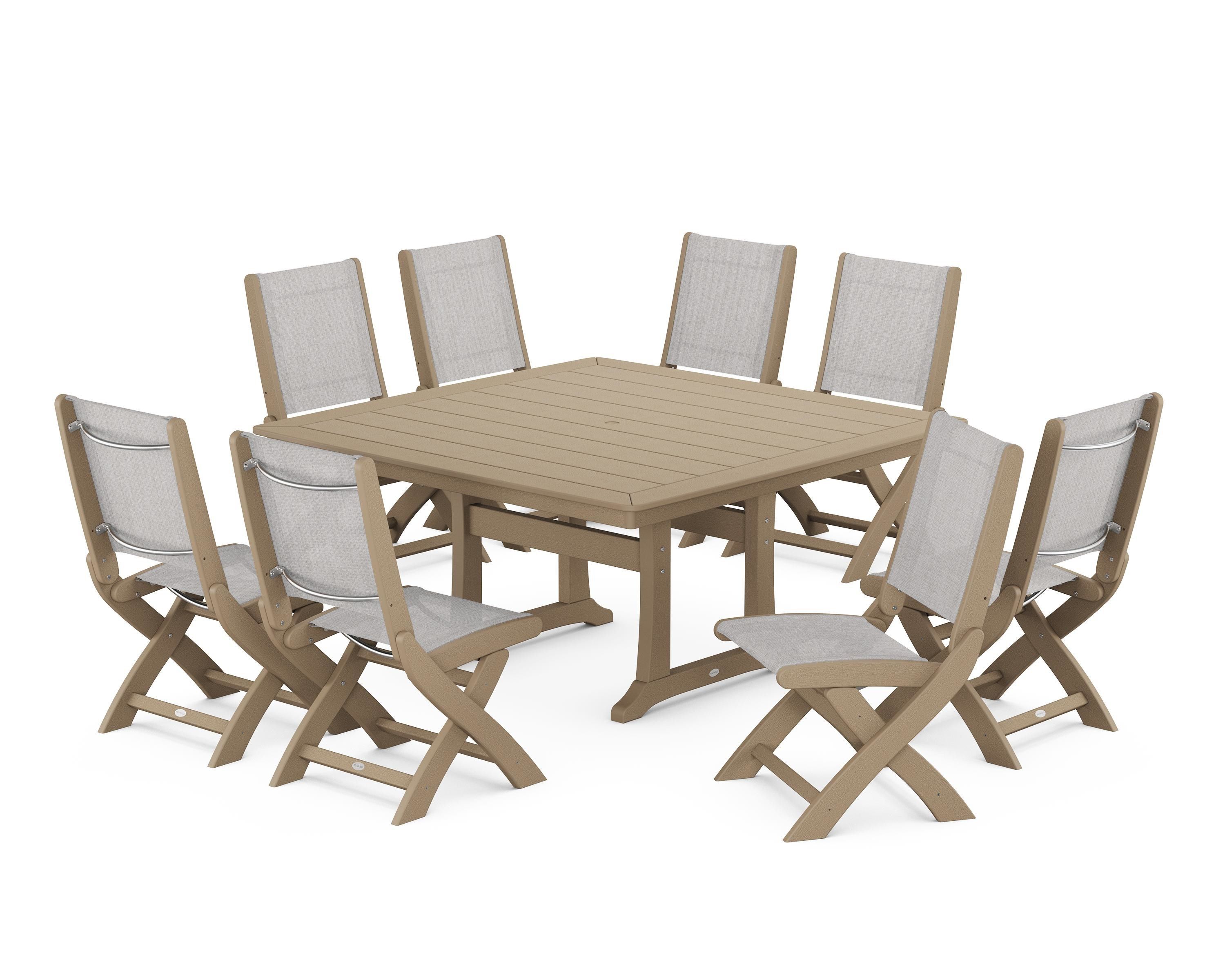 POLYWOOD Coastal Folding Side Chair 9-Piece Dining Set with Trestle Legs in Vintage Sahara / Parchment Sling