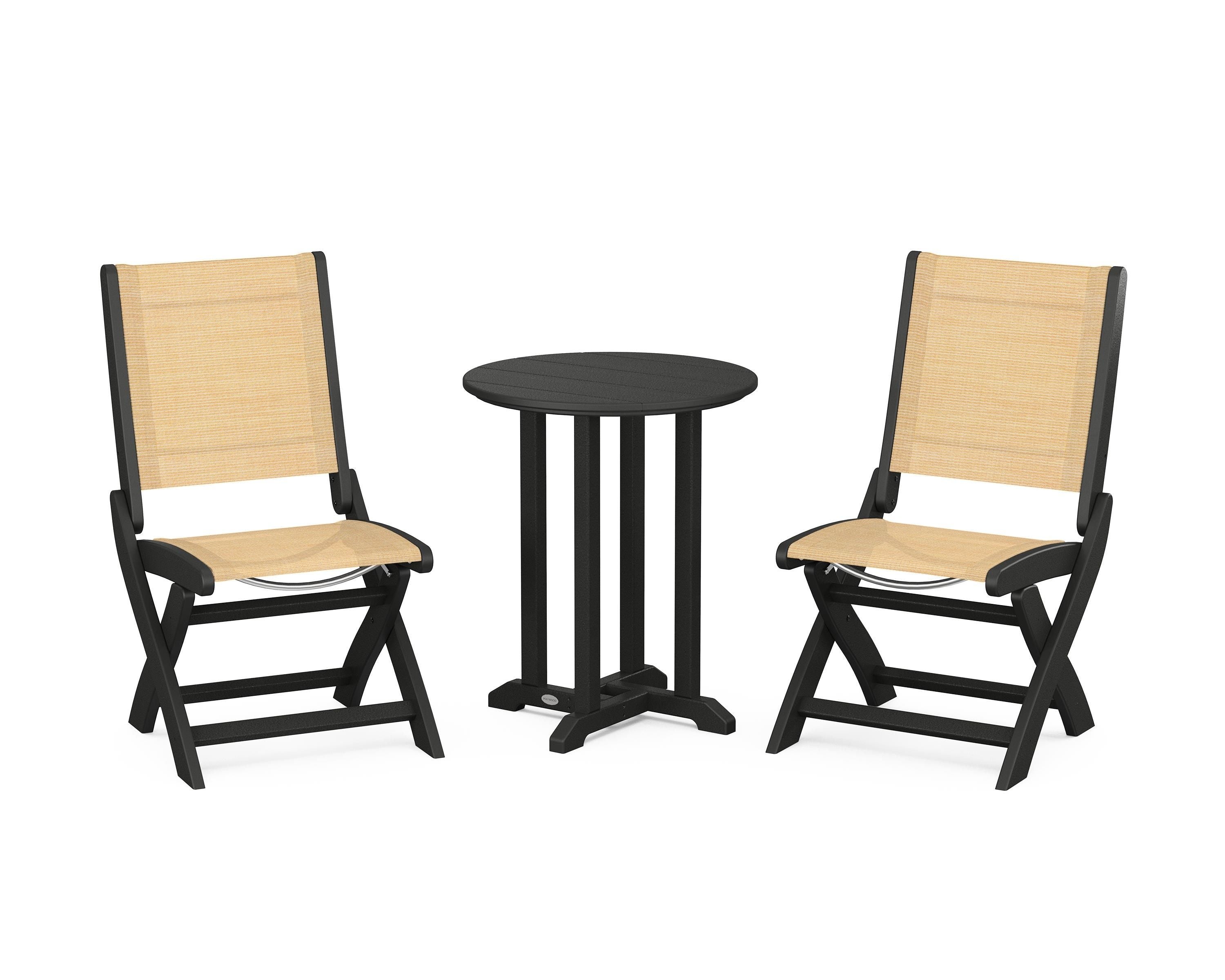 POLYWOOD Coastal Folding Side Chair 3-Piece Round Bistro Dining Set in Black / Dupioni Apricot Sling